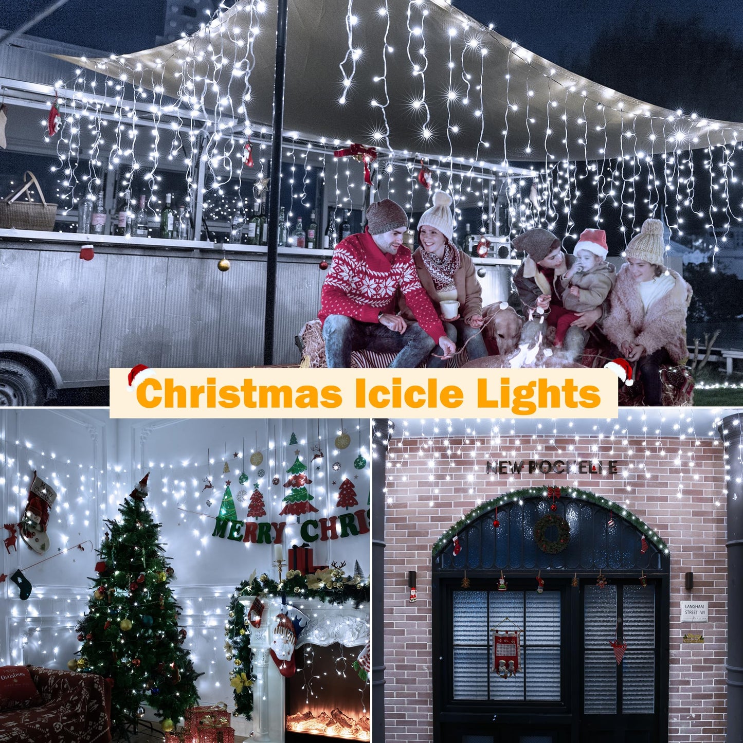 Ollny Icicle Lights 720LED 60FT, Cool White Christmas Lights with Remote 8 Modes Dimmable, Waterproof Connectable Timer Hanging Light for House Outdoor Outside Yard Indoor Decorations