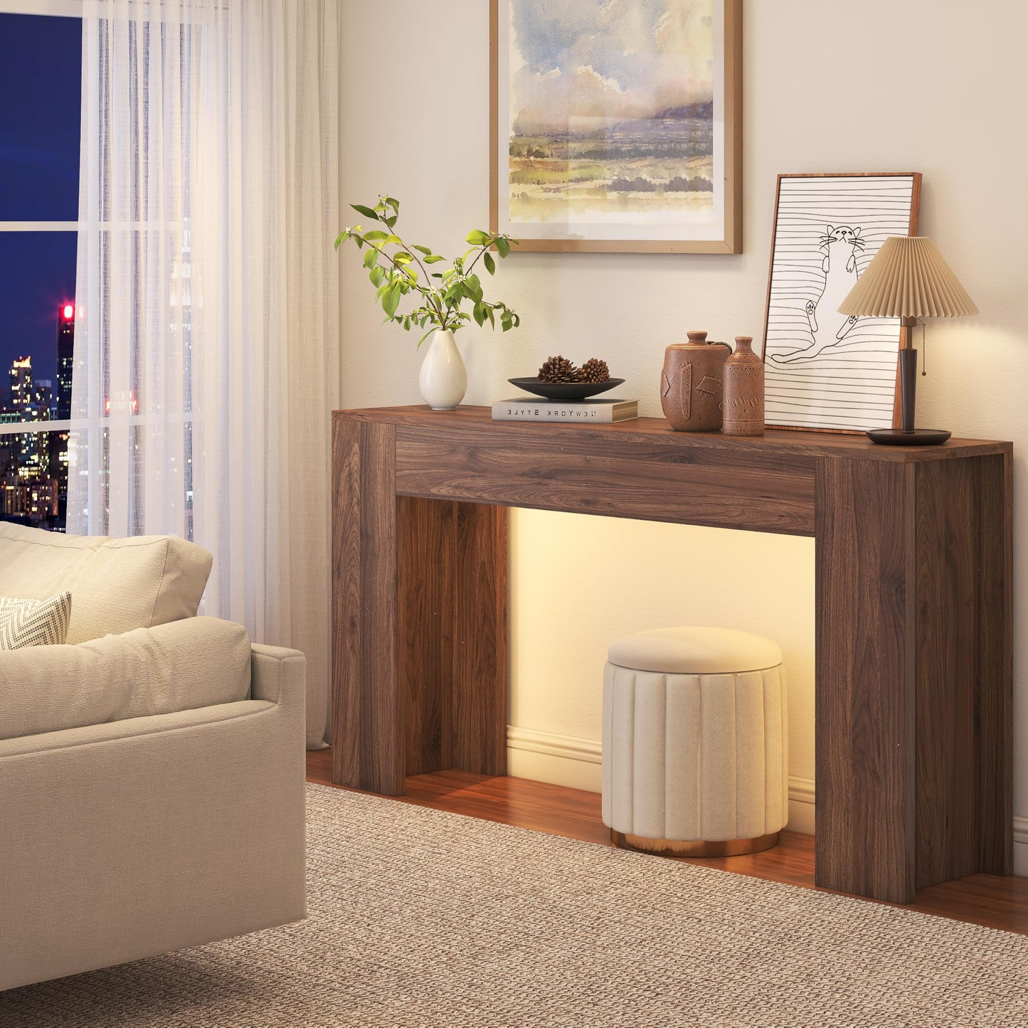 knoworld 63-Inch Long Console Table with LED Light, Farmhouse Sofa Table Behind Couch, Wooden Console Table for Entryway Hallway Entrance Living Room, Brown
