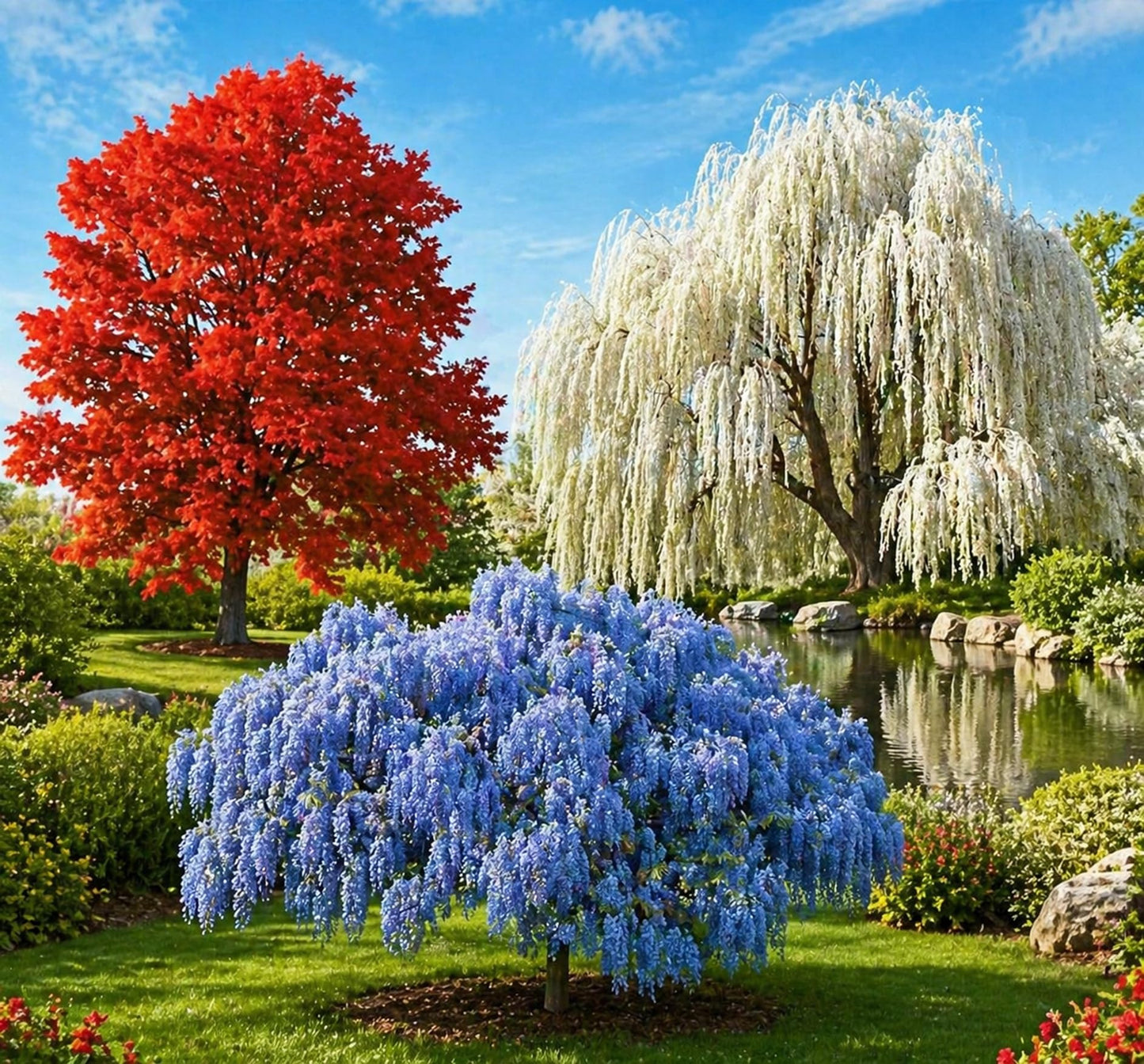 Red, White and Blue Ornamental Tree Collection – Red Maple, White Weeping Willow & Blue Wisteria – Live Outdoor Plants for Landscaping, Garden Focal Points & Seasonal Color