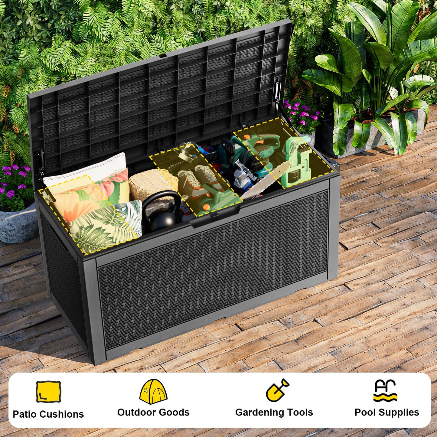 EasyUp 120 Gallon Waterproof Deck Box, Lockable Resin Outdoor Storage Box, Durable Storage Bin with Reinforced Hydraulic Rod for Patio Furniture, Garden Tools, Pool Accessories, Indoor Cushion, Black