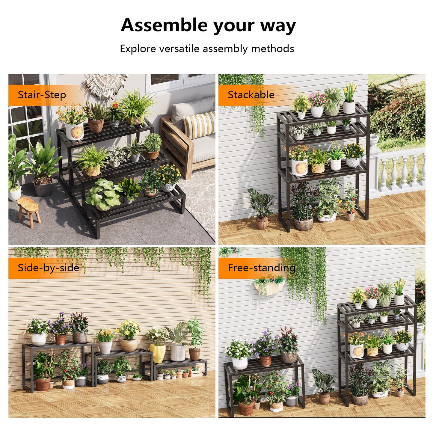 Hongsane Plant Stand Indoor Outdoor,3 Tier Ladder Metal Plant Stands Riser,Heavy Duty Wrought Iron Plant Shelves for Multi Large Pots,Black Tiered Flower Display Holder for Living Room,Patio,Balcony