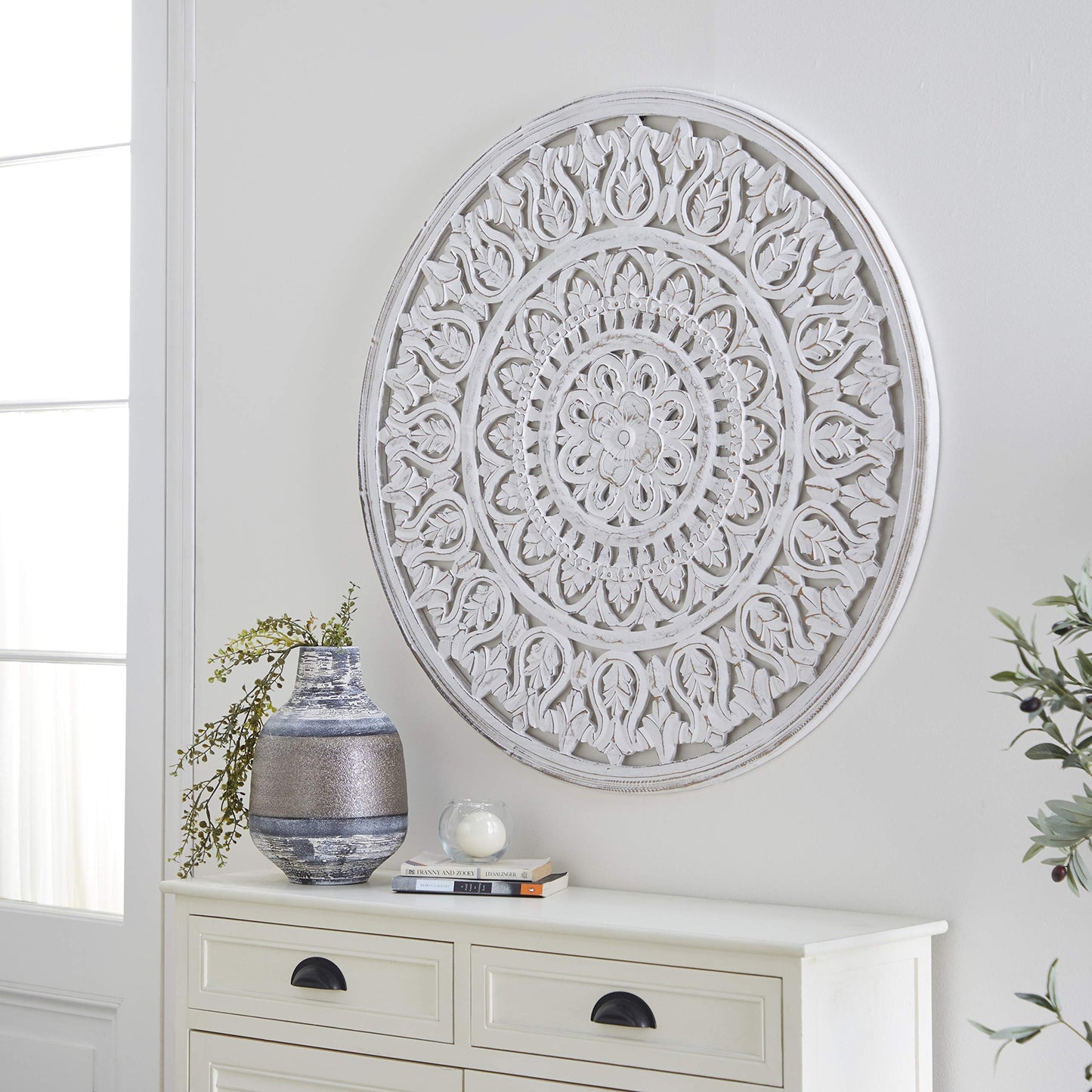 Deco 79 Wood Floral Handmade Intricately Carved Round Mandala Wall Decor, 36" x 1" x 36", White