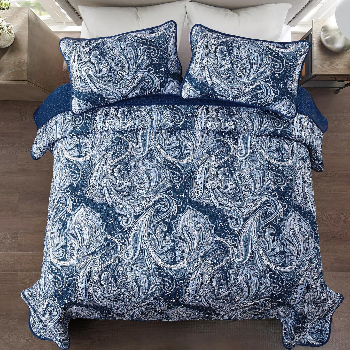 DJY Navy Paisley Quilt Set King Boho Bedspread Coverlet Set 3 Pieces, Soft Lightweight Microfiber Navy Blue Paisley Floral Pattern Bedding for All Season, 110"x90"