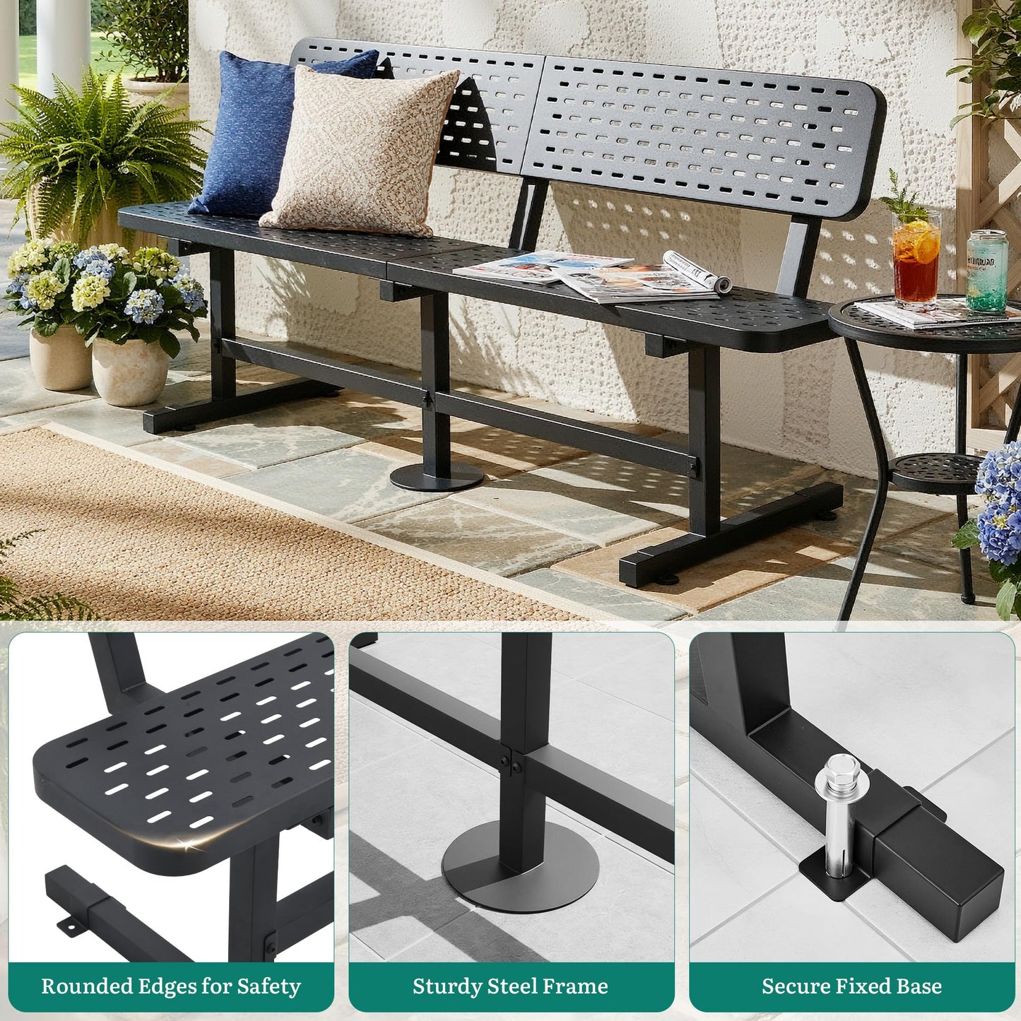 YITAHOME 6ft Outdoor Metal Park Bench with Back, Heavy Duty Park Carbon Steel Bench, Metal Garden Park Bench Thermoplastic Coated Weatherproof Seating for Patio Yard Commercial Use, 573 Lbs Cap Black