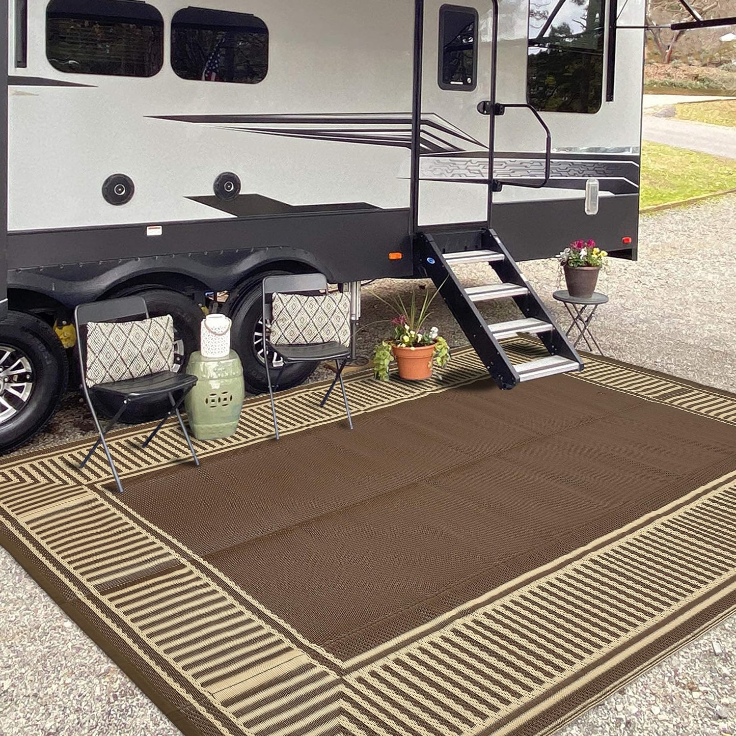 IDEALHOUSE Outdoor Rug 10'x20' Reversible Portable Lightweight Waterproof UV Resistant Plastic Straw Patio Mat for RV Camping Picnic Deck Backyard Peony Brown