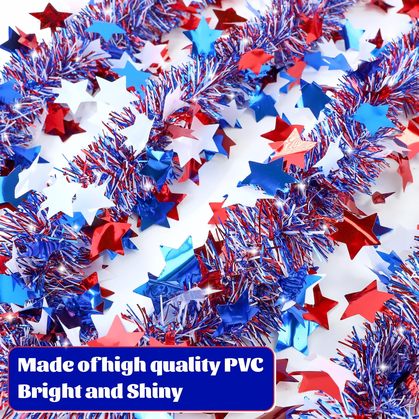 50FT Patriotic Tinsel Garland 4th of July Decorations, Fourth of July Red White and Blue Metallic Garland with Stars for July 4th Independence Day Memorial Day Home Indoor Outdoor Decor