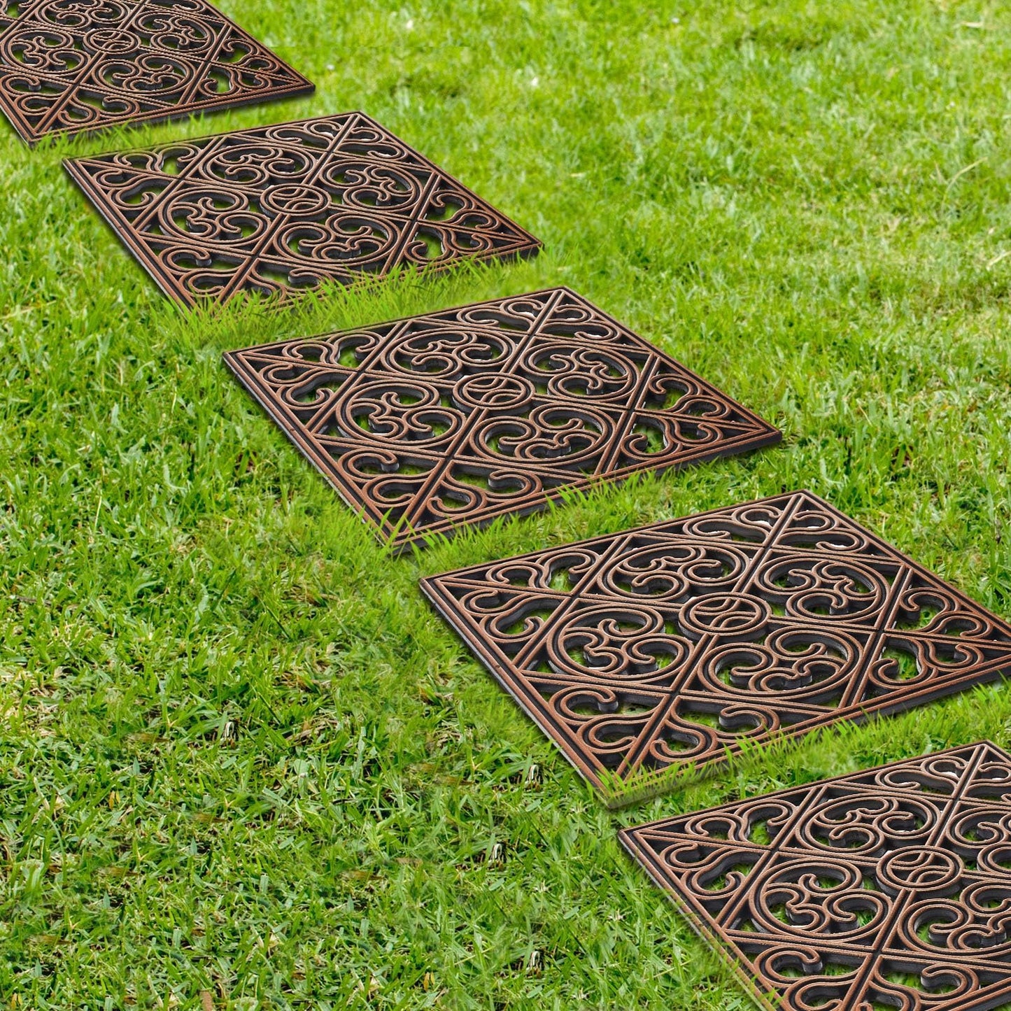 Pangda 8 Pcs Rubber Stepping Stones Outdoor Garden Walkway, 12 x 12 Inch Heavy Duty Pathway Pavers Retro Decorative Stepping Stones for Outside Landscaping Yard Lawn Path(Copper,Cross Square)