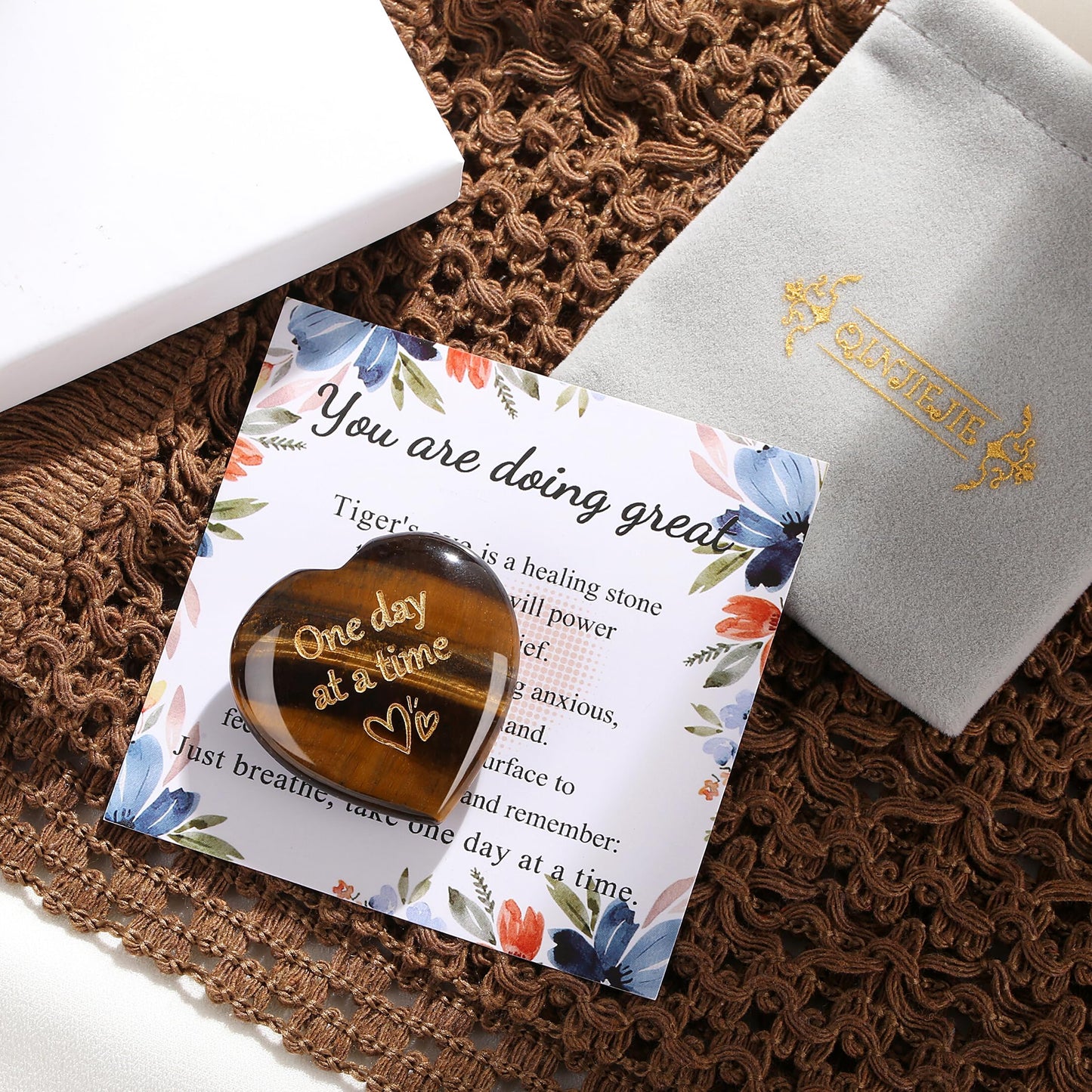 QINJIEJIE Tiger Eye One Day at A Time Heart Stones Healing Crystal Thinking of You Gifts for Anxiety Relief Items You Got This Inspirational for Best Friend Encouragement Gift for Women Men