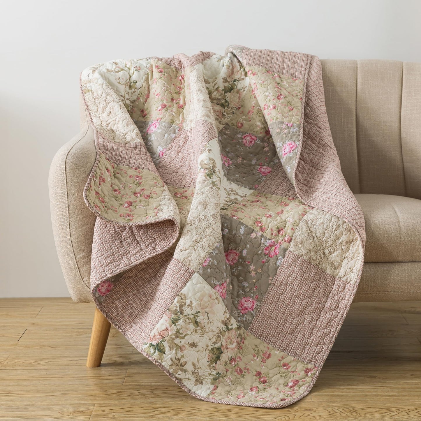 SLPR Cotton Quilted Throw Blanket, 50" x 60" Floral Farmhouse Patchwork Quilt, Shabby Chic Patchwork Throw Lap Quilt for Couch, Secret Garden