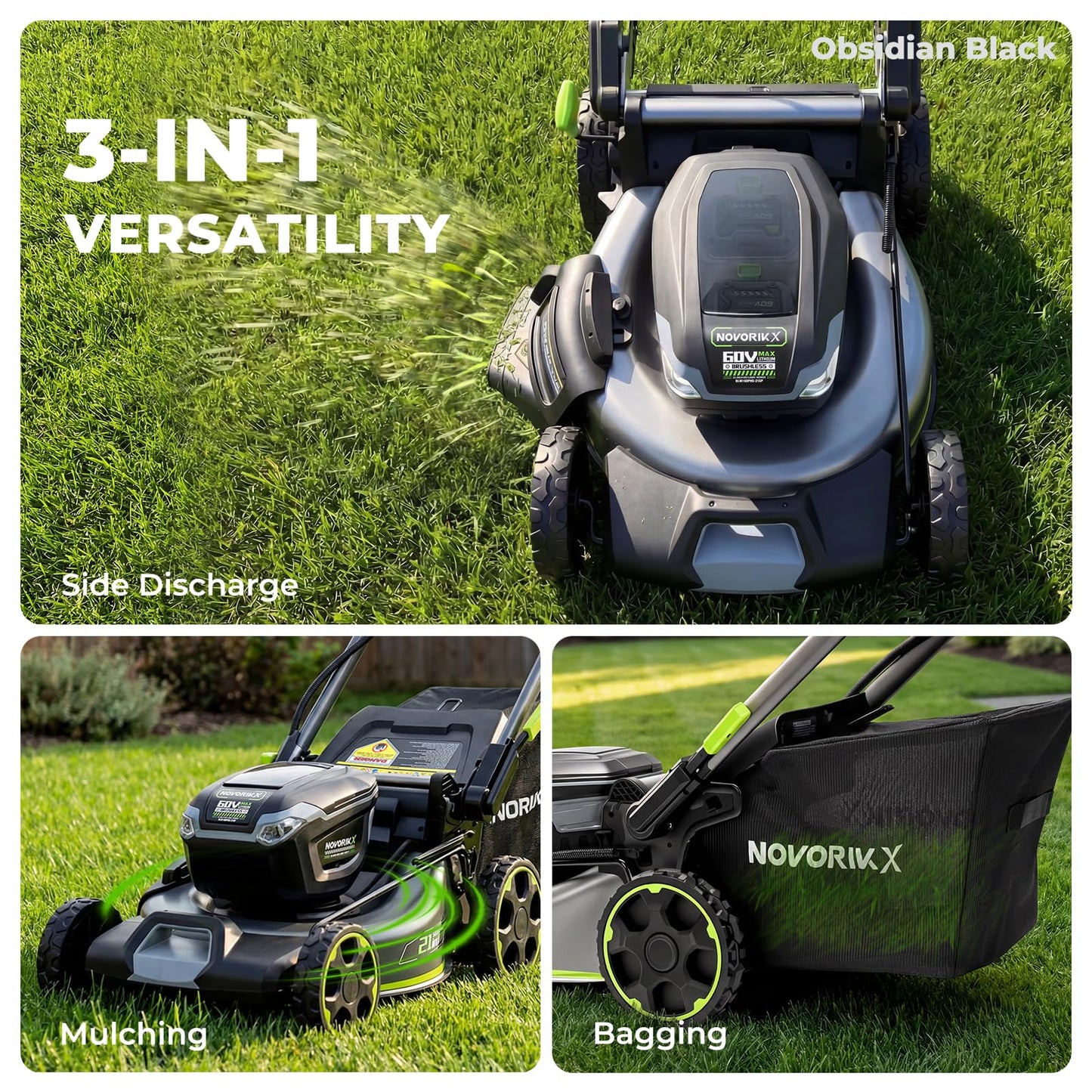NovorikX 60V 5Ah Self-Propelled Electric Cordless Lawn Mower with 5.0Ah Battery 21-Inch, Brushless Mower for Large Yards, LED Headlight, Rapid Charger 3-in-1 Versatility Obsidian Series