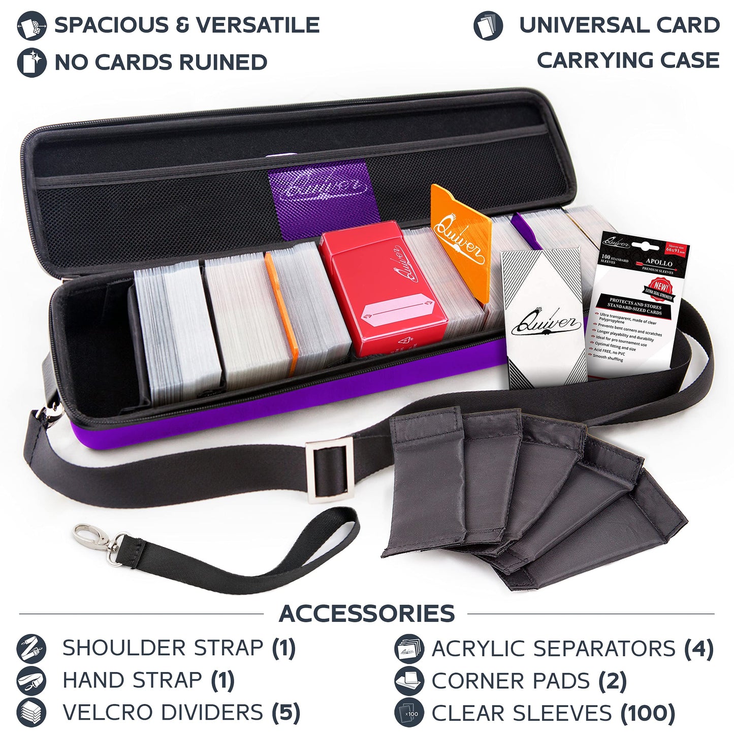 Quiver Time Purple Quiver Card Carrying Case - TCG Cards Deck Box Holder for Trading Cards, MTG Bag Playing Card Case (+Wrist & Shoulder Strap, Dividers, Separators, Corner Pads + 100 Apollo Sleeves)
