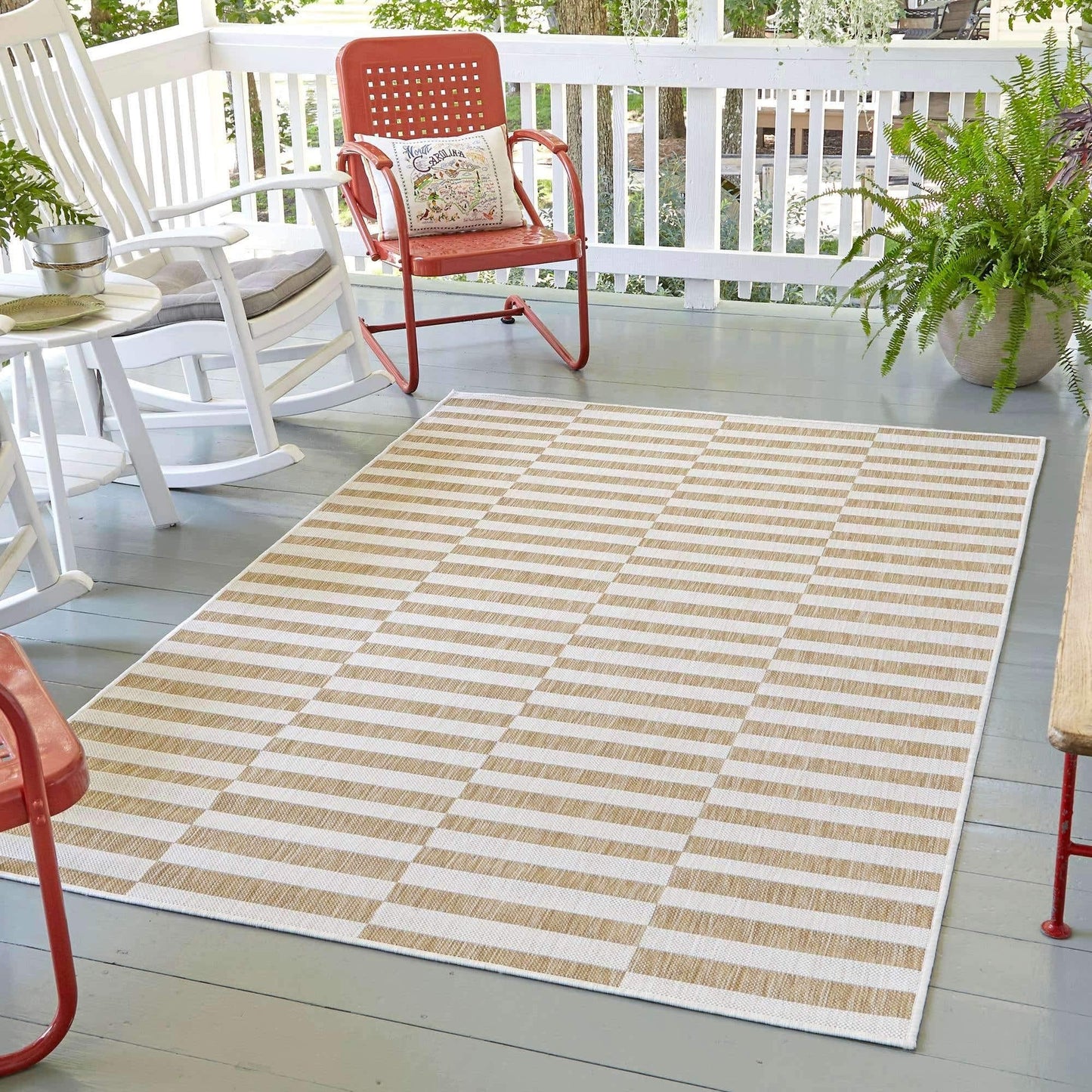 Unique Loom Outdoor Striped Collection Area Rug - Striped (5' 1" x 8' Rectangle, Taupe/Ivory)