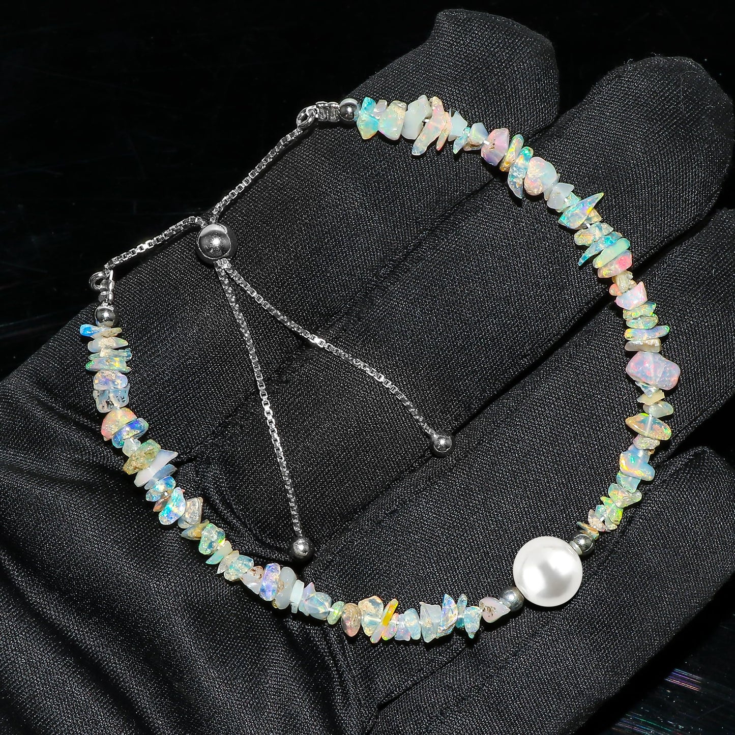 Crystals for Calm - Natural Ethiopian Opal Beads Slider Bracelet with Elegant Pearl, High Grade Nuggets Crystal, Chakra Healing Gemstone, Gift Giving Women Jewelry, Silver Plated Slider 10 inch