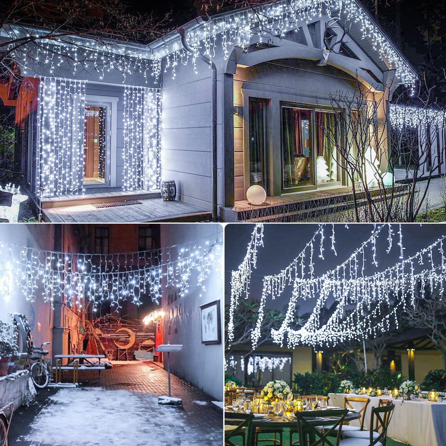 oopswow Icicle Lights Outdoor Decorations 300 LED 33ft 8 Modes Curtain Fairy String Light with 50 Drops, LED String Light Indoor for Wedding Party Holiday Christmas Decorations,White