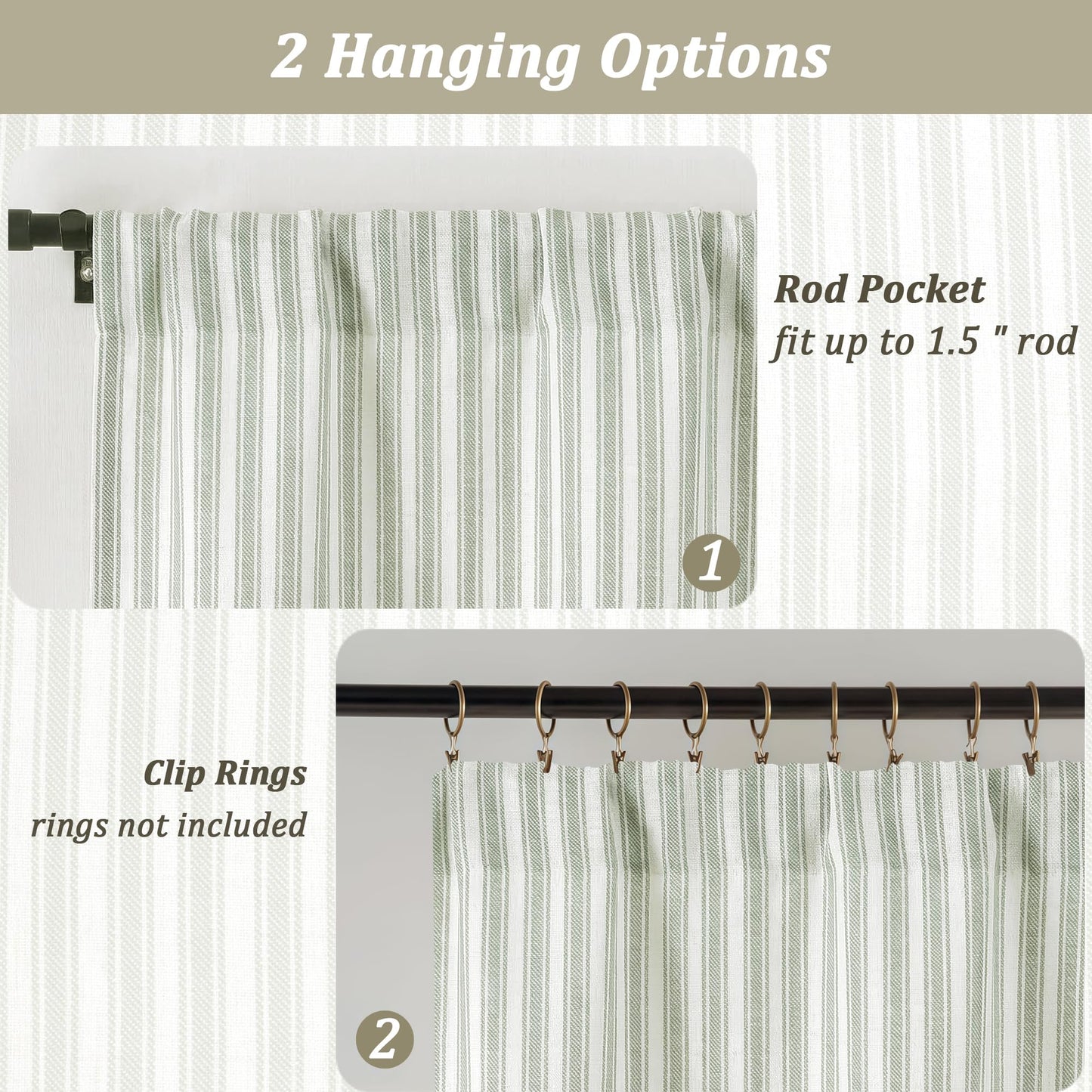 Chyhomenyc Striped Valances for Windows - Light Filtering Faux Linen Small Kitchen Valance Curtains, Boho Ticking Stripe Rod Pocket Farmhouse Valance for Living Room, 52Wx14L, 2 Pieces, Sage Green