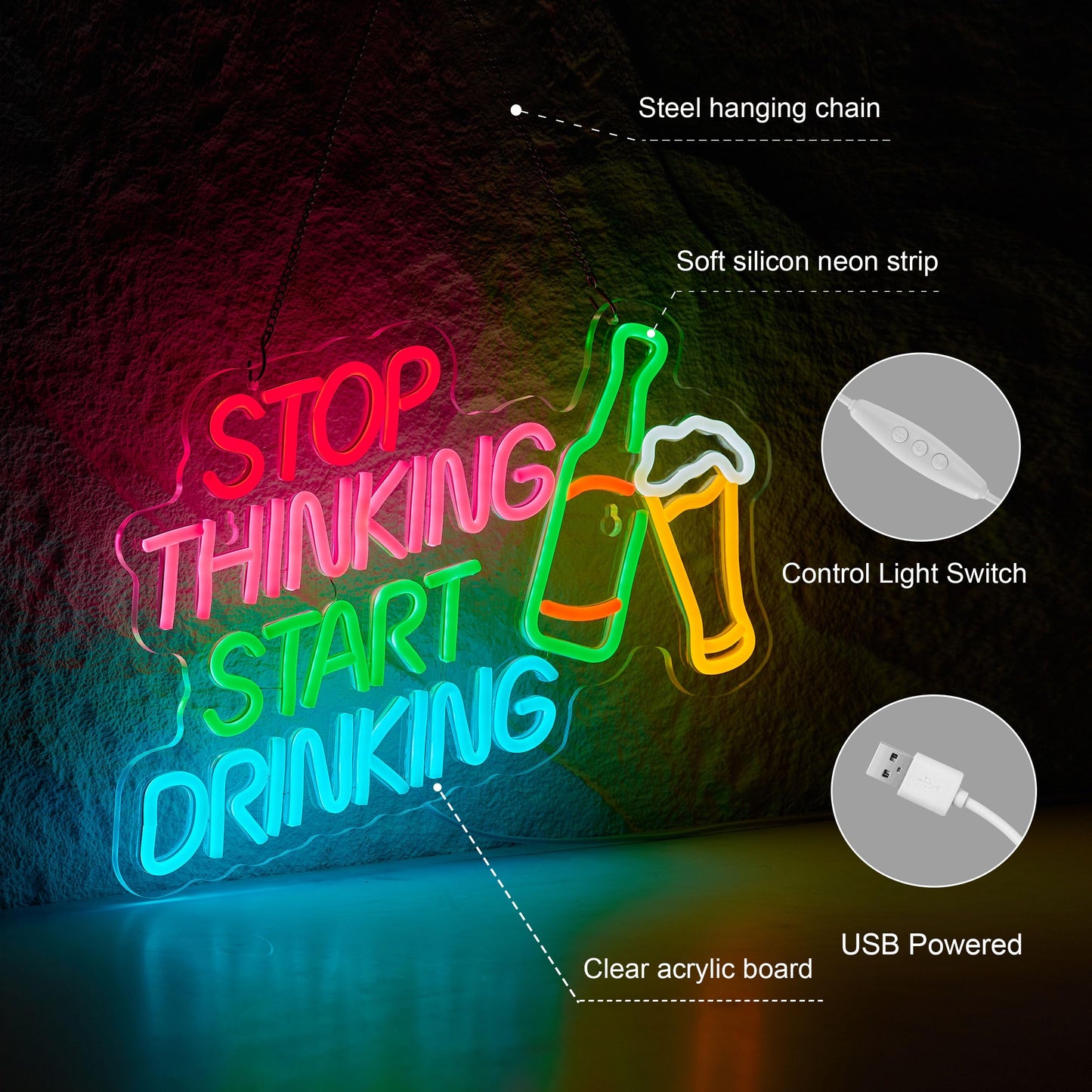 Stop Thinking Start Drinking Bar Neon Sign for Bar Sign Wall Décor with Dimmable Switch for Beer Pub LED Neon Signs Light Decor