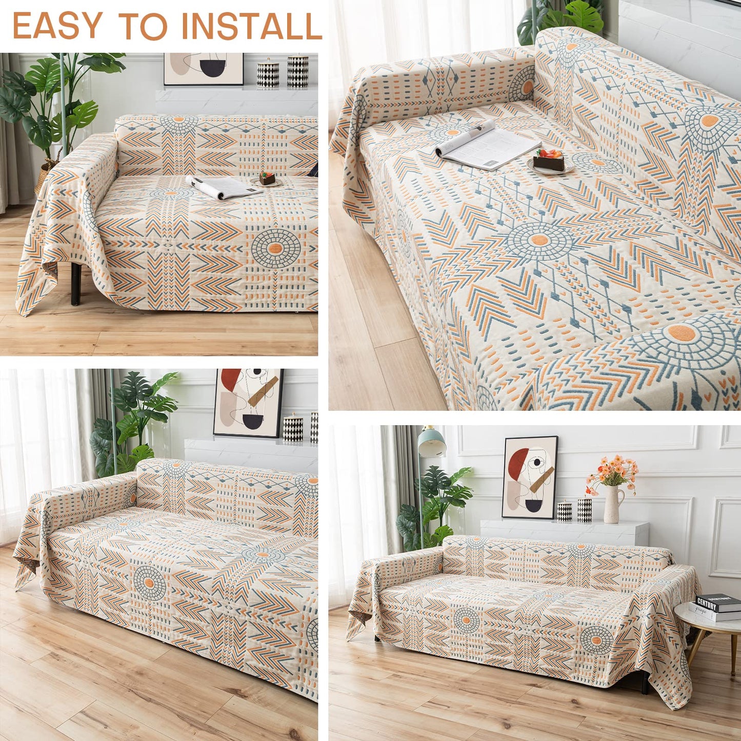 Osunnus Cotton Couch Cover Washable Boho Reversible Throw Sofa Cover Geometric Jacquard Multi-Use Furniture Protector for 2-3 Cushion Sectional L Shaped Sofa Bed Boho Home Decor, 79" x 118"