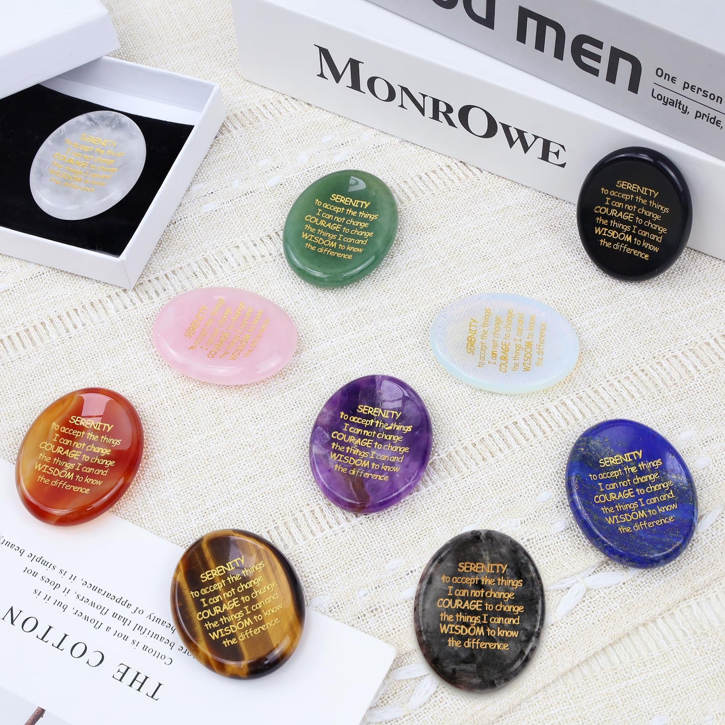 QINJIEJIE Serenity Prayer Lapis Lazuli Stone Healing Crystals Thumb Stones Engraved Inspirational Stones Anxiety Relief Items Worry Stones for Anxiety Encouragement Gifts for Men Stocking Stuffers