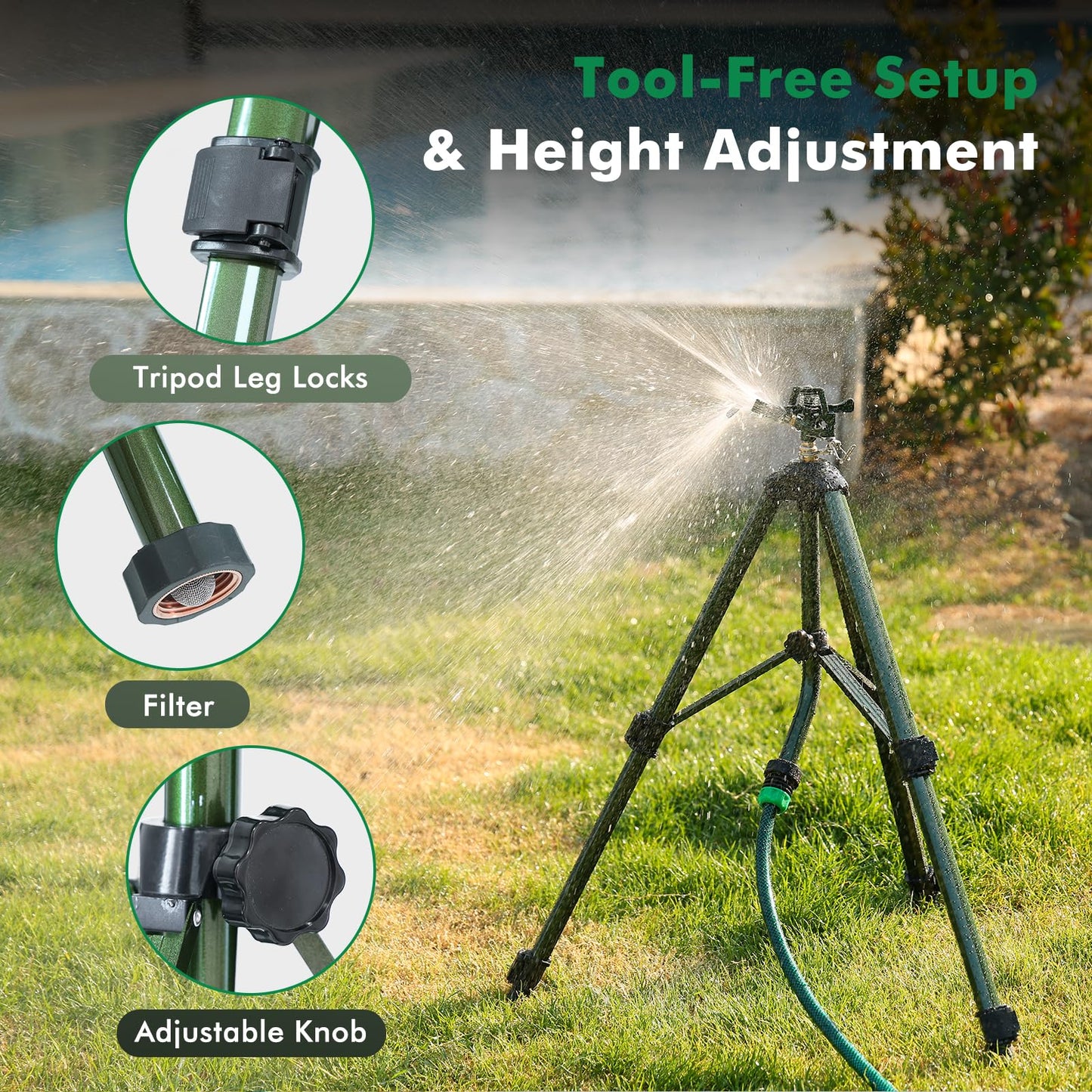 RESTMO Tripod Base Zinc Impact Sprinkler, 360° Rotating & 3-Height Adjustable Tripod, Heavy Duty Full Metal Sprinkler for Agriculture and Large Yard Irrigation