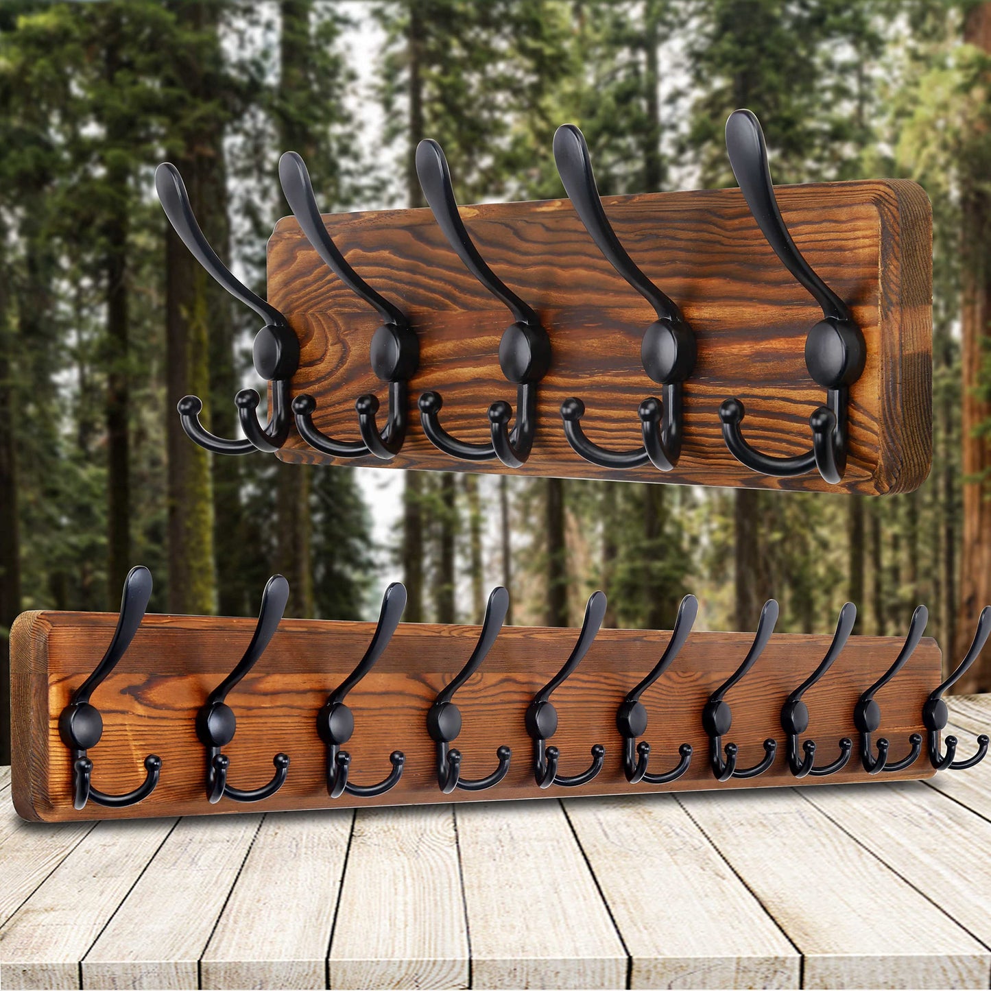 SKOLOO Rustic Wall Mounted Coat Rack: 16" Stud Spacing, Pine Real Wood Plank Wall Coat Rack with 5 Triple Hooks, Farmhouse Coat Hanger Wall Mount for Hanging Backpack Jacket Coat Hat