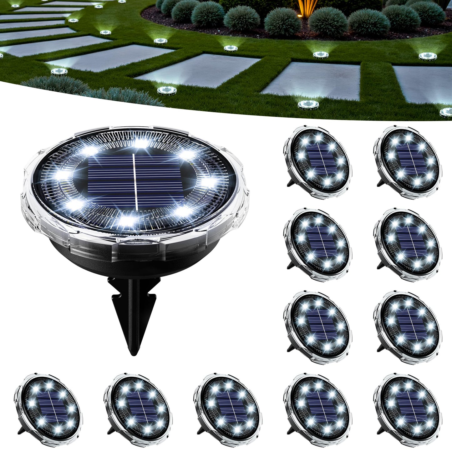SOLPEX Solar Ground Lights 12 Pack, Solar Pathway Lights Outdoor Waterproof, Landscape Lighting for Garden, Walkway, Driveway, Yard, Deck, Patio, Swimming Pool (Cool White)