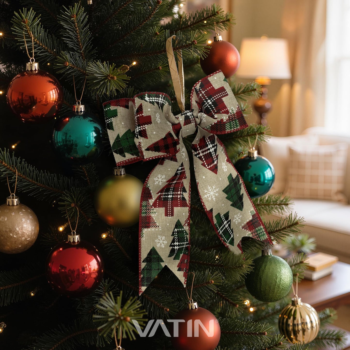 VATIN Wired Ribbon with Christmas Tree Printed, 2-1/2-Inch x 10 Yards, Ribbons for Crafts, Gift Wrapping, Hair Ribbon