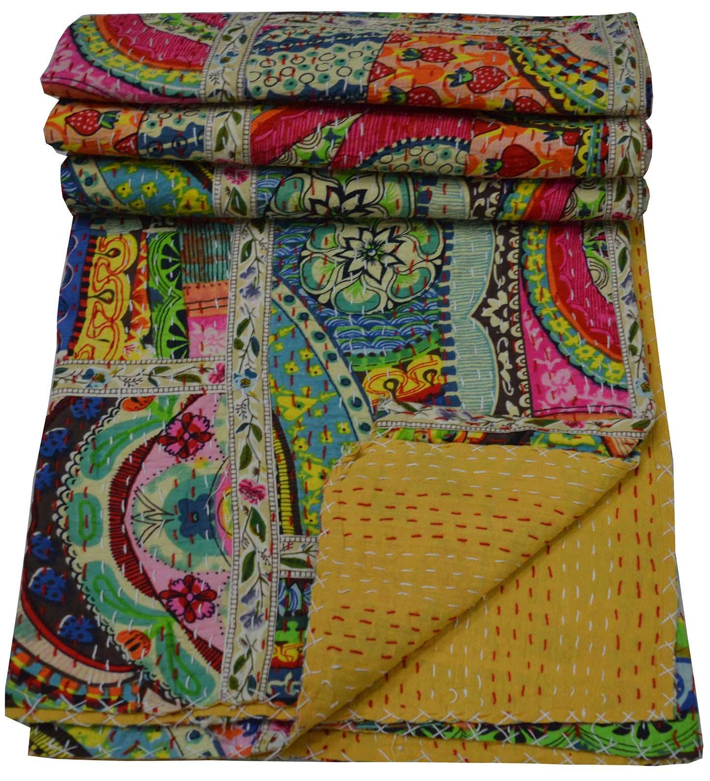 V Vedant Designs Indian Handmade Twin/Queen/King Size Cotton Patchwork Kantha Quilt Reversible Bedding Quilt (Twin)