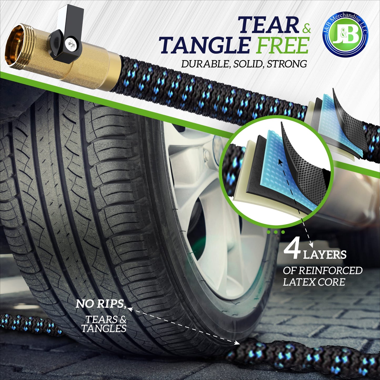 J&B XpandaHose 100ft Expandable Garden Hose – Ultra-Strong 3750D, 4-Layer Latex Core, Brass 3/4" Connectors, 10-Pattern Nozzle & Storage Bag – Lightweight, Kink-Reducing, Leak-Resistant