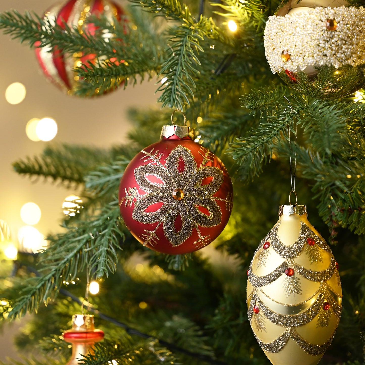 Valery Madelyn Glass Christmas Ornaments Set, 10ct Red Gold Mercury Blown Large Glass Christmas Tree Ball Decorations, Luxury Hanging Teardrop Finial Faceted Reflector Decor