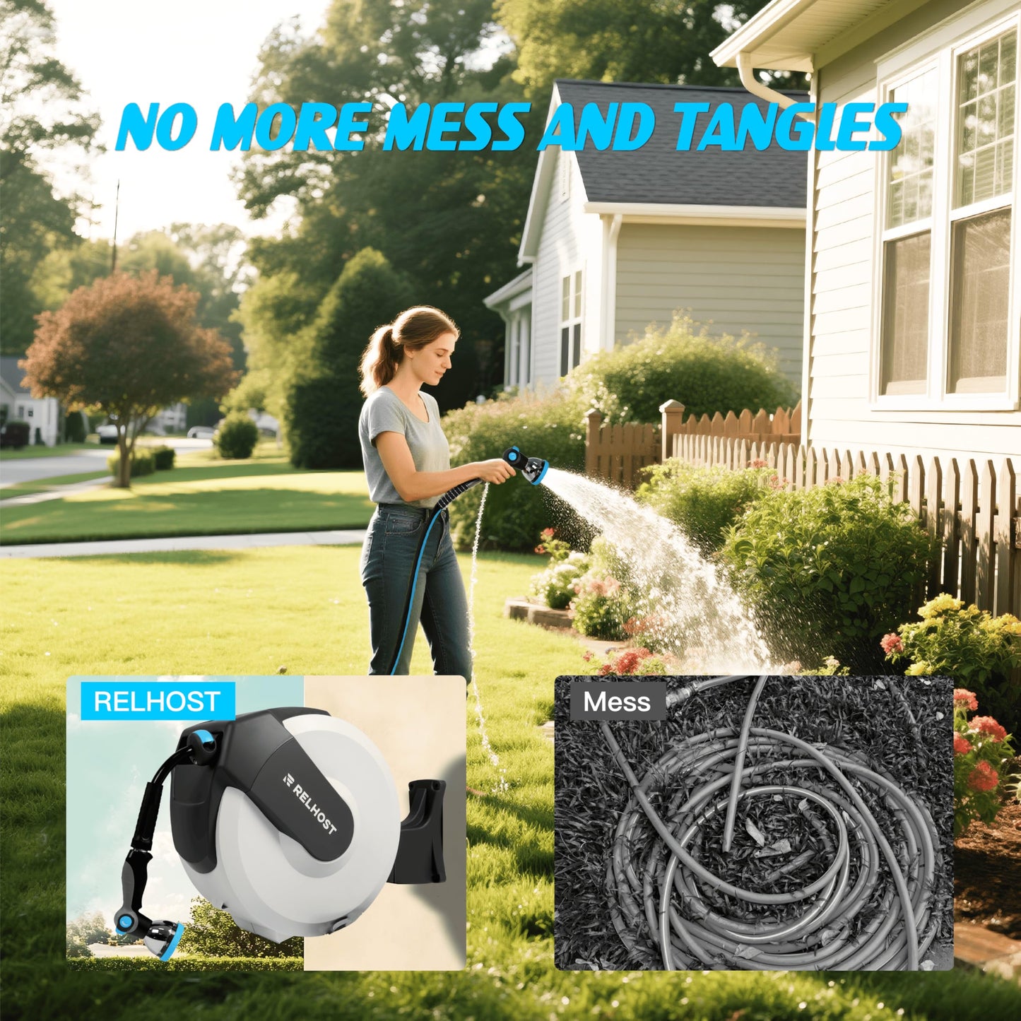Retractable Garden Hose Reel 1/2 in x 65 ft, Heavy Duty Wall Mount Outdoor Hose with Auto Rewind, Any Length Lock, 180° Swivel Bracket & 10-Pattern Nozzle (White & Grey)