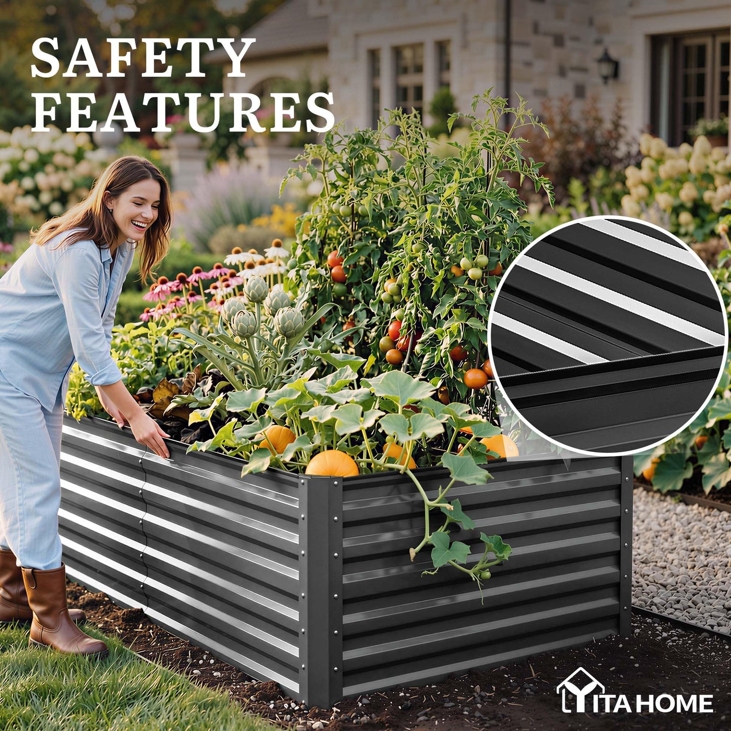 YITAHOME 96x48x24 in Galvanized Raised Garden Bed Kit, Large Metal Planter Box with Gloves, Safety Rubber & Support Rod, Outdoor Flower Bed for Plants Vegetables, Black