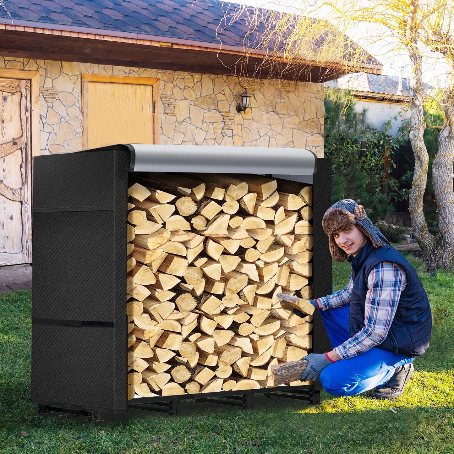 LOENIY 4ft Firewood Rack Outdoor with Waterproof Widened Cover, Heavy Duty Firewood Holder includes Carrier Bag, Powder-coated Wood Rack with Hooks, Firewood Storage Rack for Fireplace Deck Patio