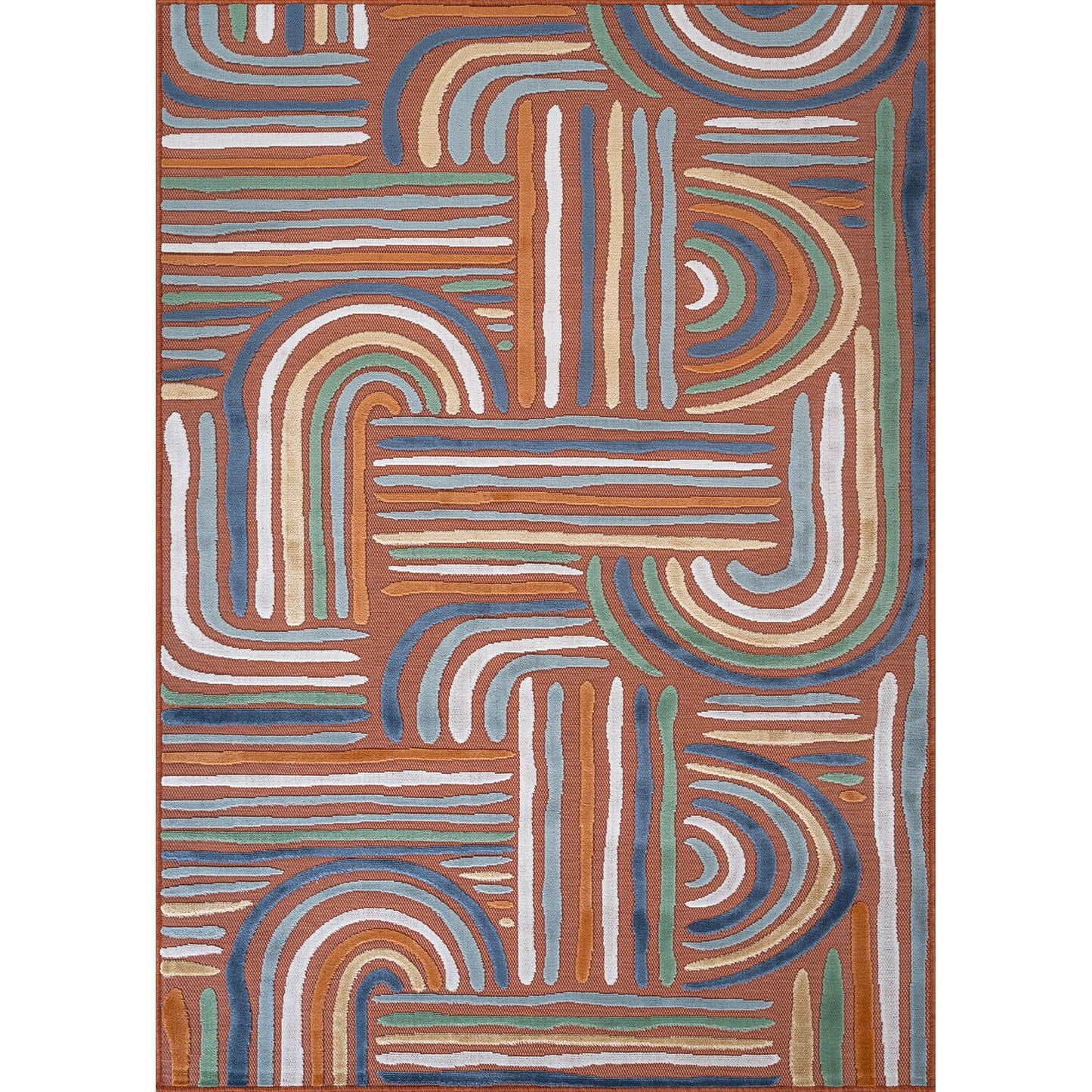 CAMILSON Indoor Outdoor Rug, Orange 8x10 Geometric Arch Striped Area Rugs for Patio and Home Areas, Easy-Cleaning Non-Shedding Living Room, Garden and Deck Washable Outside Carpet (8 x 10)