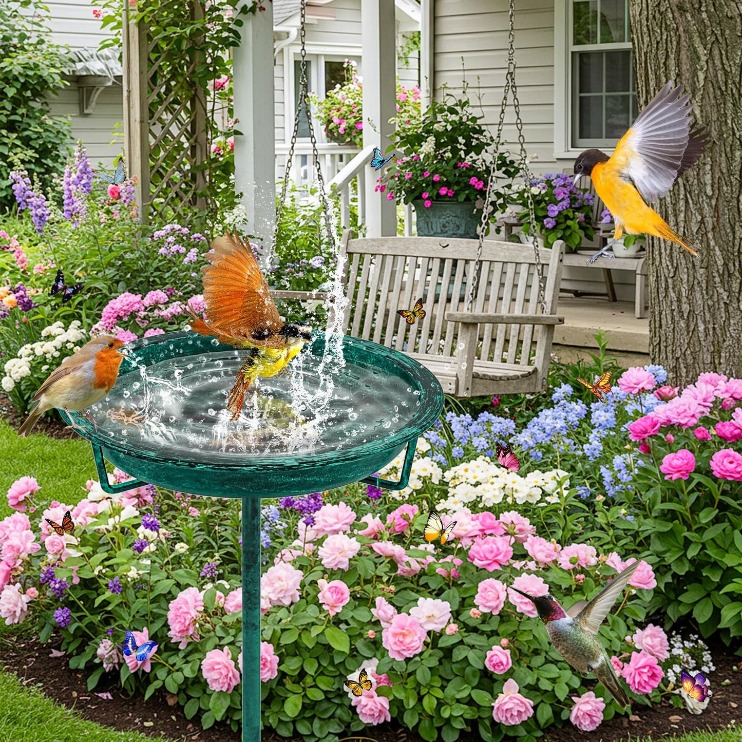 KHayRovies Metal Bird Bath for Outside, 36.2" Height Birdbath Bowl Standing Bird Feeders for Outdoors with 4 Prongs Base Stake, Freestanding Birdfeeders for Garden Yard Lawn Decor (Retro Green)