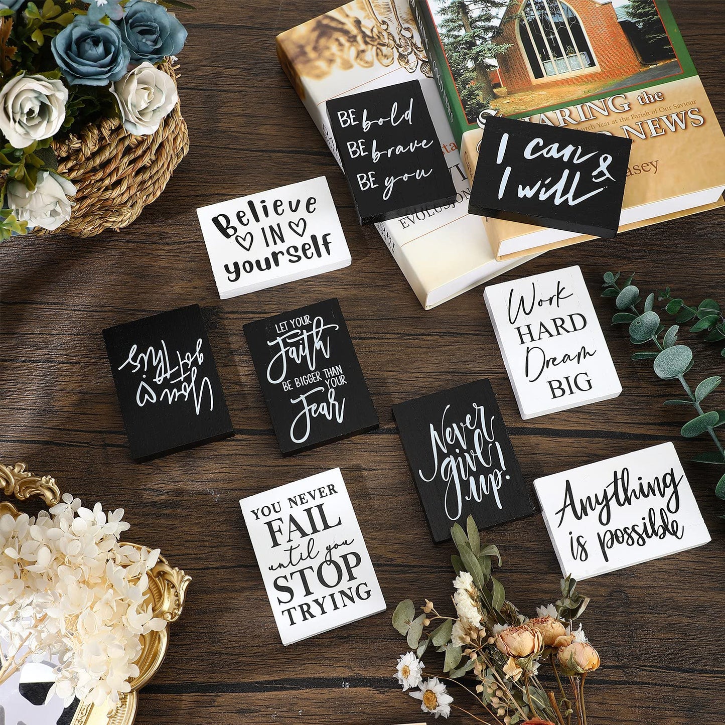 Yulejo 9 Pcs Mini Inspirational Wooden Signs Office Desk Decor Positive Motivational Quotes Table Sign Employee Appreciation Gift Bathroom Home Decors Cheer Up(black, White, 3.5 x 2.5 x 0.47 Inch)