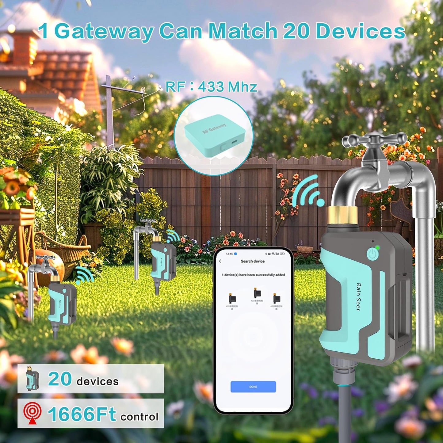 Smart WiFi Sprinkler Timer with 1666 Feet RF Gateway, Brass Inlet Water Timer for Garden Hose, App Remote Control with Alexa, Rain Delay and Manual Mode for Garden and Lawn.