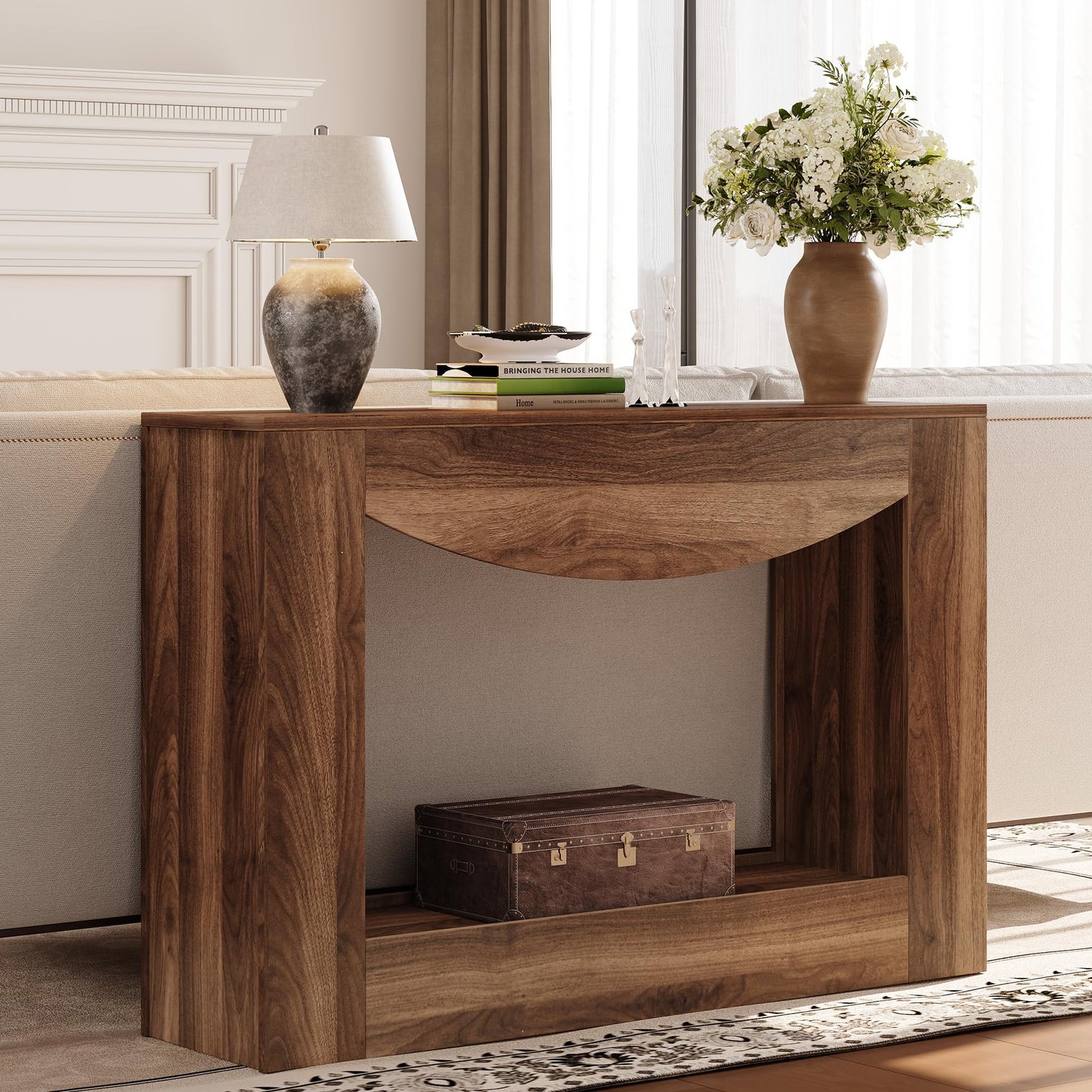 knoworld Farmhouse Console Table, 47 Inches Entryway Console Table with LED Light, Sofa Table Behind Couch, Wooden Accent Entryway Table for Living Room, Hallway