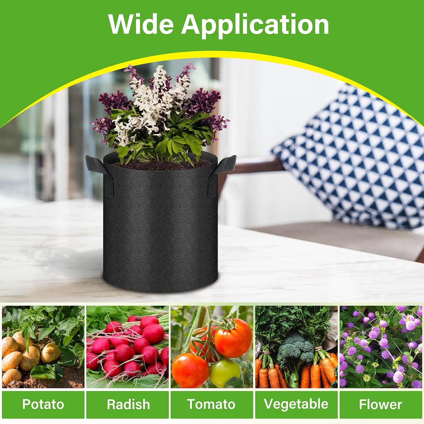 HealSmart 12-Pack 2 Gallon Grow Bags, Nonwoven Aeration Fabric Pots with Handles, Cloth Plant Pots, Suitable for Garden Fruits, Vegetables, Tomato and Flowers, Black