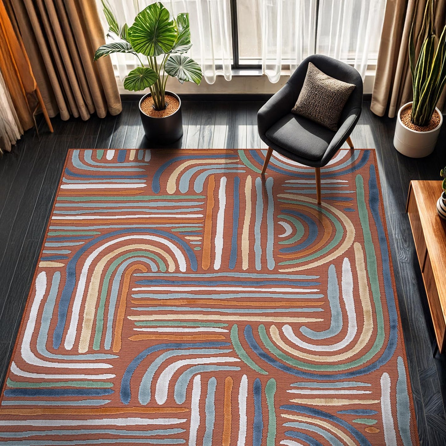 CAMILSON Indoor Outdoor Rug, Orange 6x9 Geometric Arch Striped Area Rugs for Patio and Home Areas, Easy-Cleaning Non-Shedding Living Room, Garden and Deck Washable Outside Carpet (6 x 9)