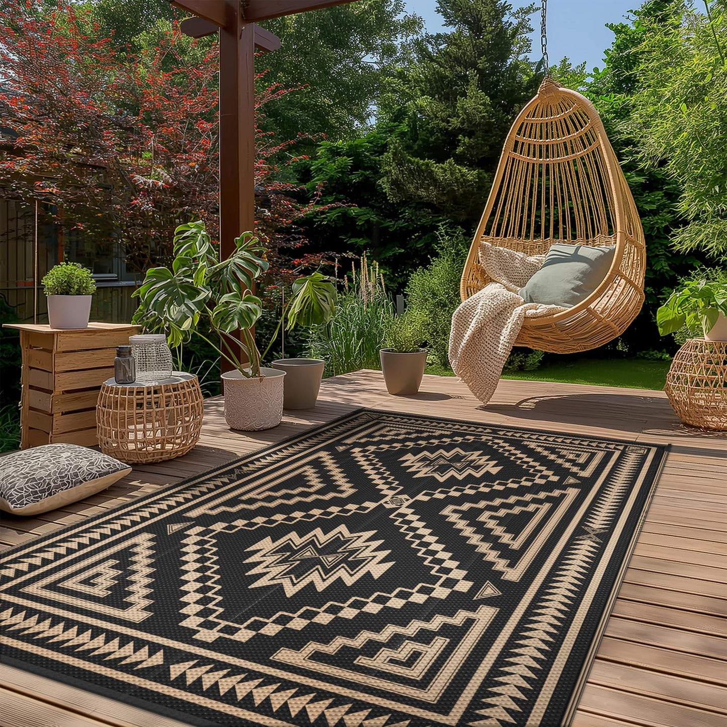 GENIMO Outdoor Rug for Patio Clearance - 5x8 ft Waterproof Plastic Camping Rugs, Reversible Outside Rv Mat Carpet for Porch, Deck, Picnic, Balcony, Beach, Backyard, Black Brown