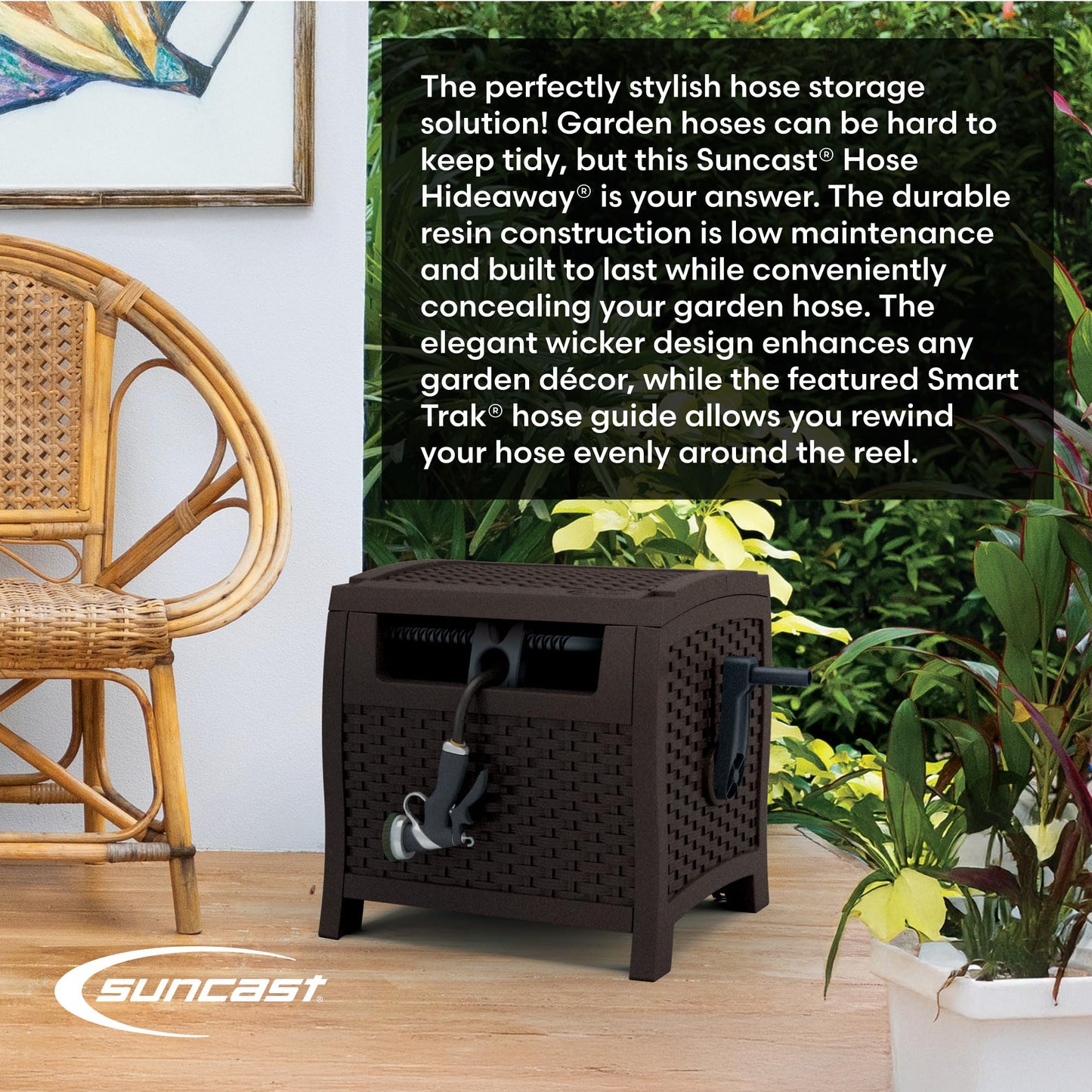 Suncast Hose Reel with Smart Trak Hose Guide, Water-Tight Connection, Durable Resin Construction, 225' Hose Capacity, Brown, Made in the USA