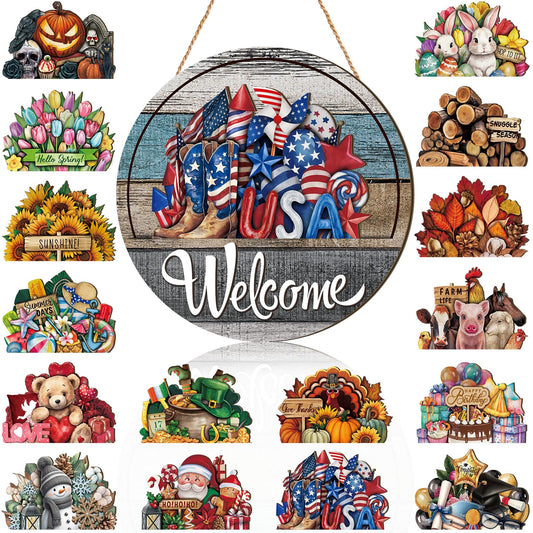 Yousoontic 17 Pcs 12 Inch Magnetic Welcome Door Sign Interchangeable Front Door Wreath Decor Rustic Seasonal Hanging Sign Patriotic Summer Decor for Home Warming Gift(Retro Color,Grain Welcome)