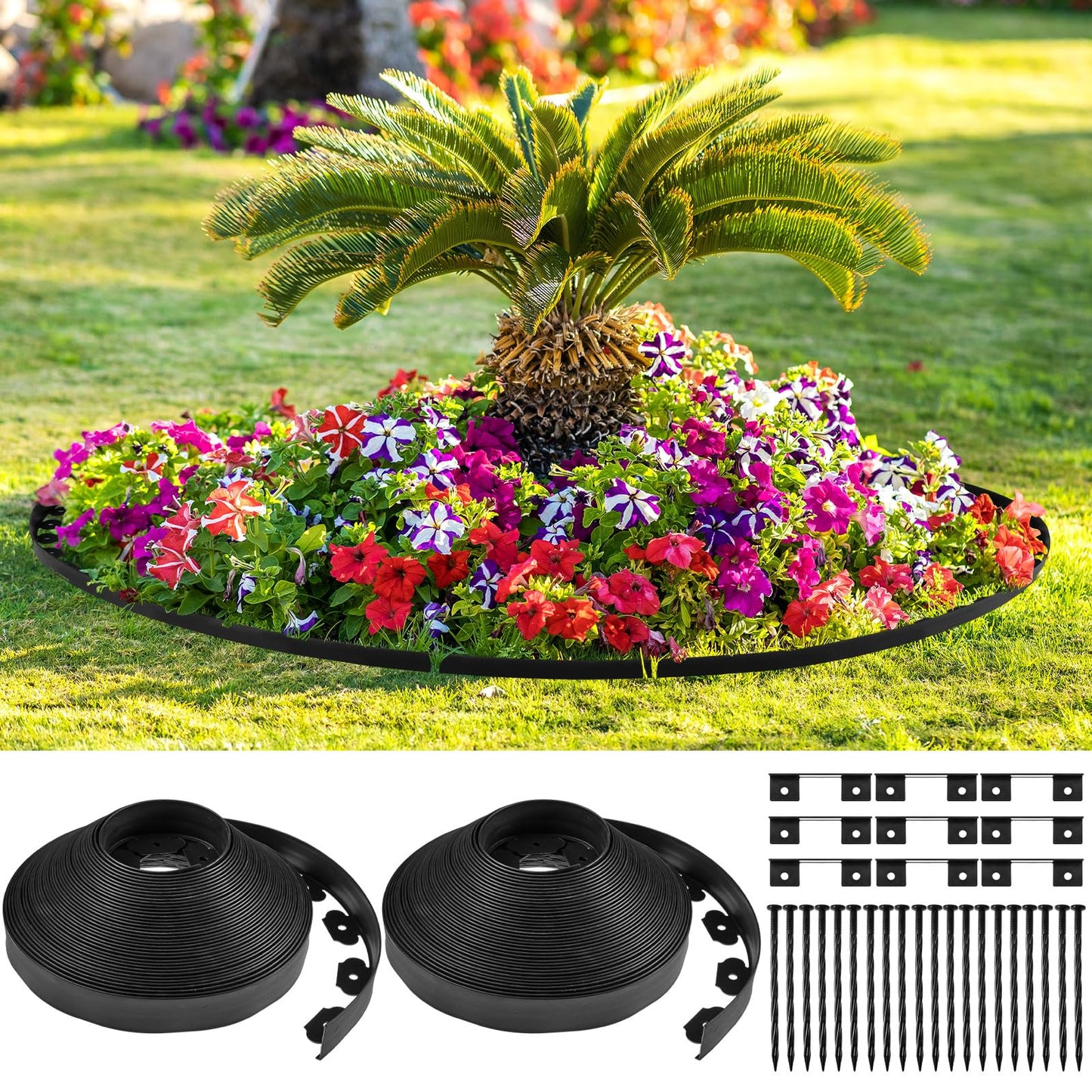 Sasylvia 2.5'' x 200' Landscape Edging Kit Edging Border Coil Include 120 Anchoring Spikes 10 Connectors Plastic Garden Border for Lawn Garden Grass Yard Home(Black)