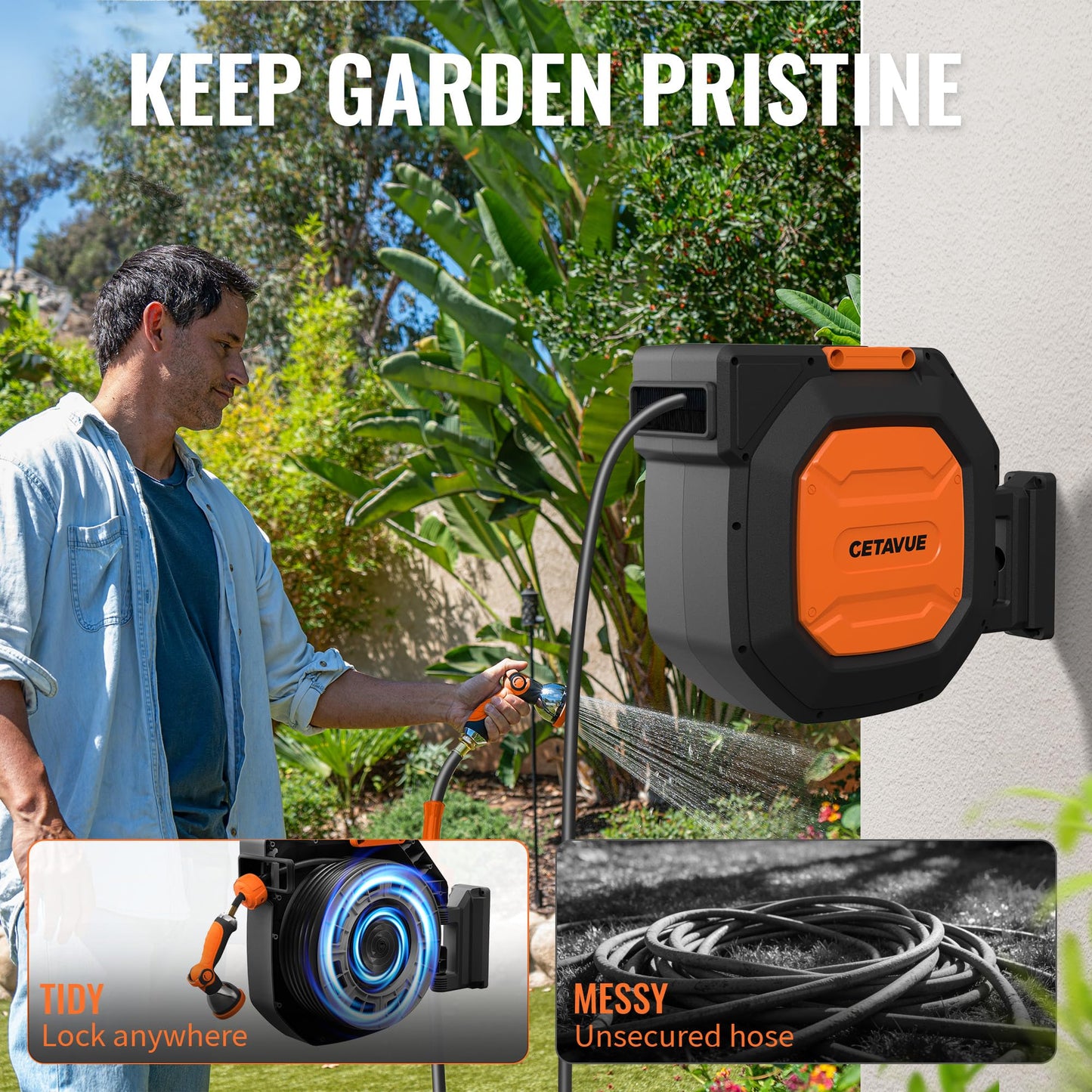 CETAVUE Retractable Garden Hose Reel 5/8 inch x 100 ft,Wall Mounted Heavy Duty Garden Hose Reel with 180°Swivel Bracket,Upgraded 10 Pattern Nozzle/Slow Return System(Black)