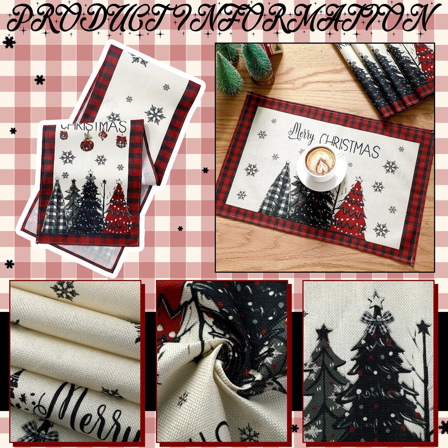 Patelai 7 Pcs Christmas Table Runner and Placemats Set Merry Christmas Buffalo Plaid Table Runner Xmas Placemats Red Black for Holiday Kitchen Dining Room Decor Party Wedding Decoration