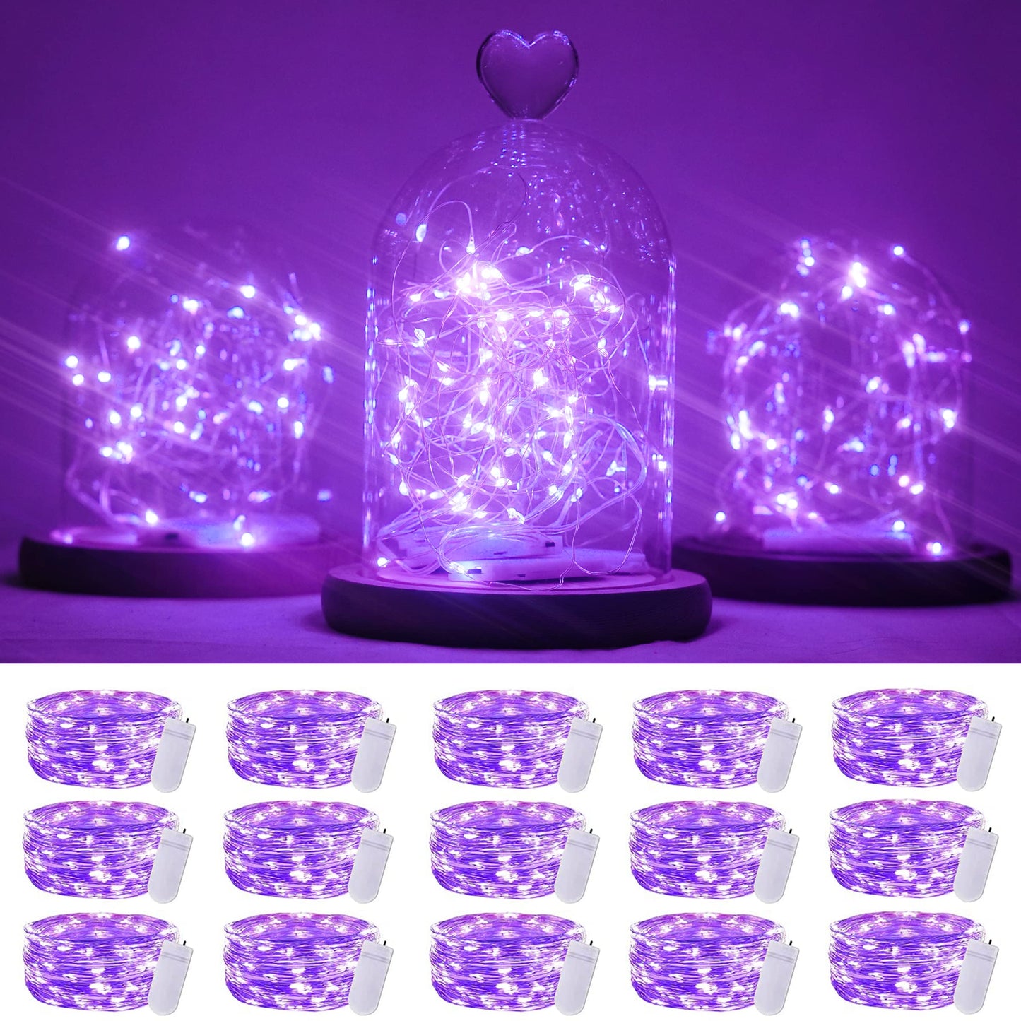 SmilingTown 15 Packs 20 Led Purple Fairy Lights Battery Operated 6.6ft Silver String Lights Waterproof Firefly Starry Light for DIY Table Centerpieces Wedding Halloween Christmas Party Decor