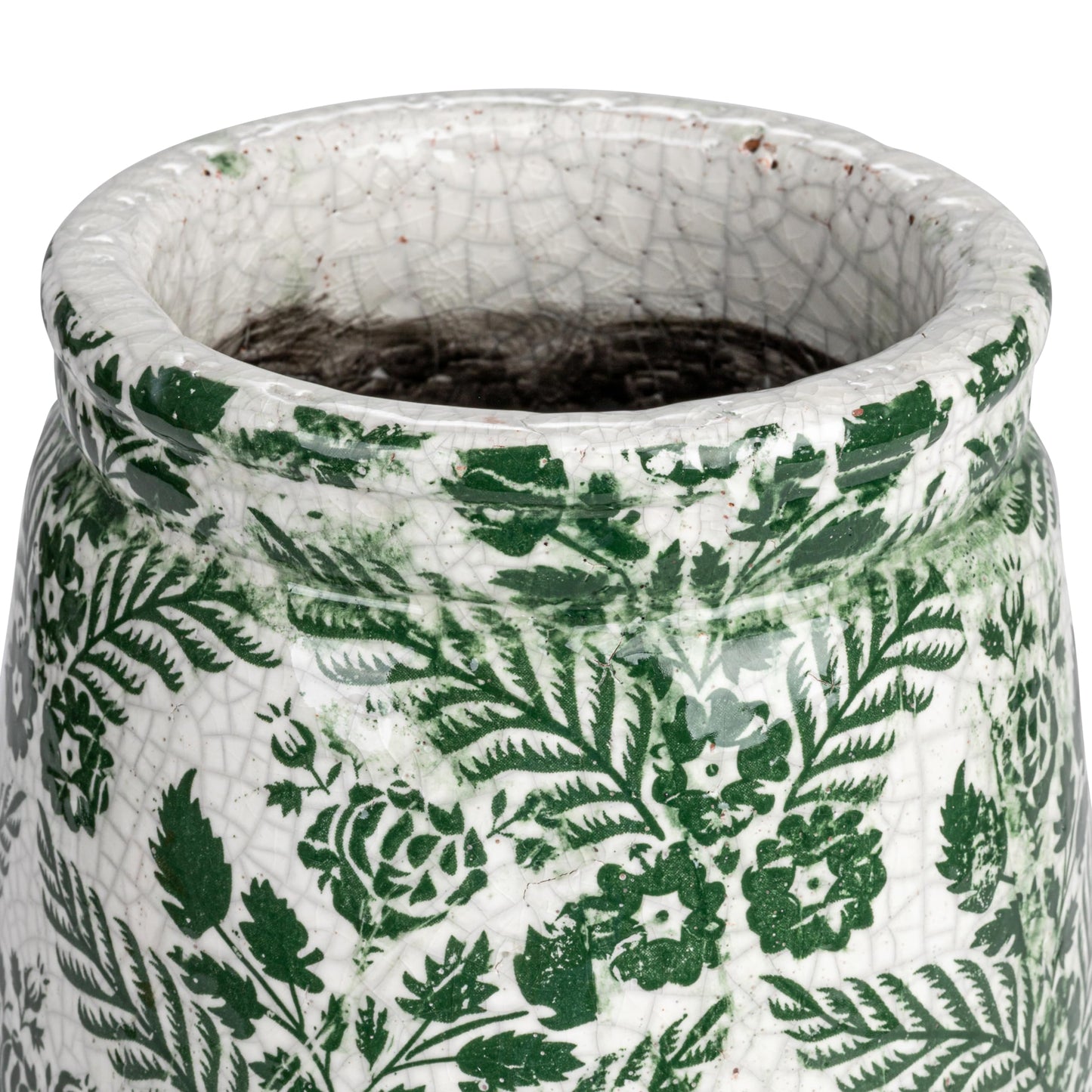 Creative Co-Op Terra-Cotta Planter Vase with Flower Pattern and Crackle Glaze, Green and White
