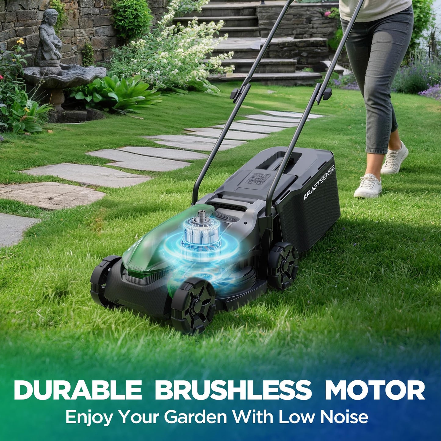 Kraftsense 14" Cordless Lawn Mower, 40V Lightweight Push Mower with 2×5.0Ah Battery, Ultra-Quiet Motor for Small Yards, Lawn Care, Backyard Maintenance
