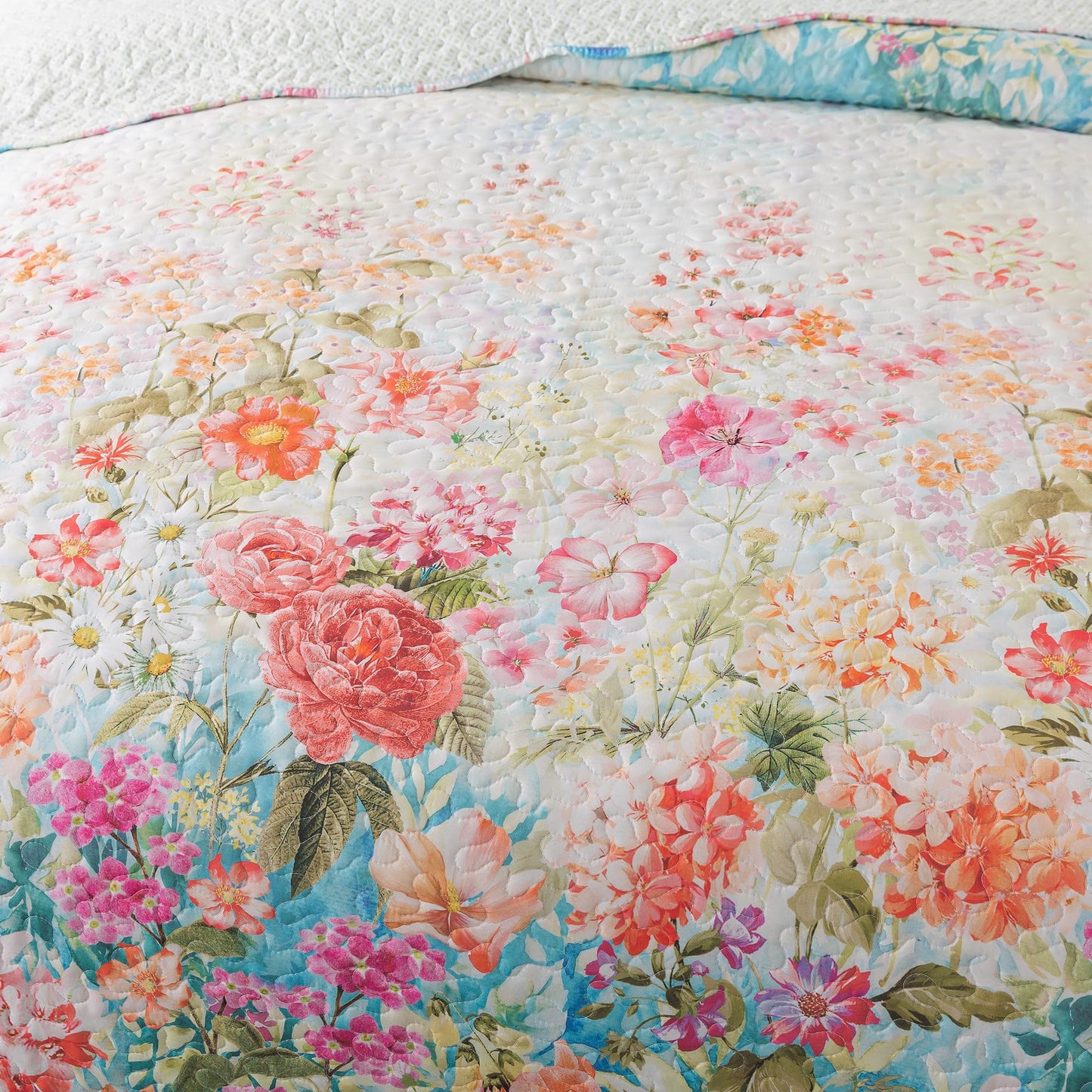 HoneiLife Quilt Sets Queen Size - Floral Quilt 3-Piece, Botanical Bedspreads Wildflower Coverlets for Queen Bed, Microfiber Bed Cover, All Season Quilts-Coral Pink
