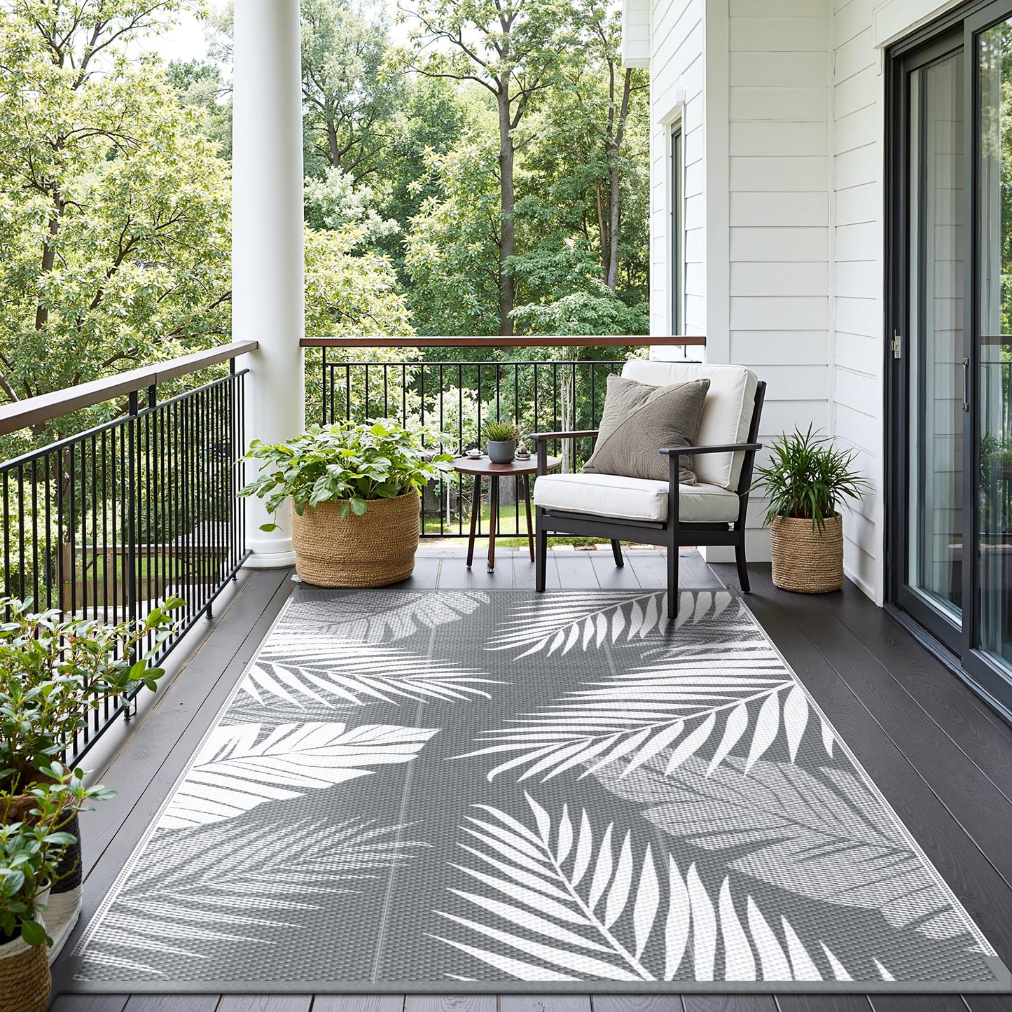 sarben Outdoor Rug 8’x10’ Waterproof for Patio Clearance, Reversible Indoor Outdoor Plastic Straw Camping Rug Carpet, RV Mat, Large Area Rug for Deck, Backyard, Balcony, Porch, Beach, Grey & White